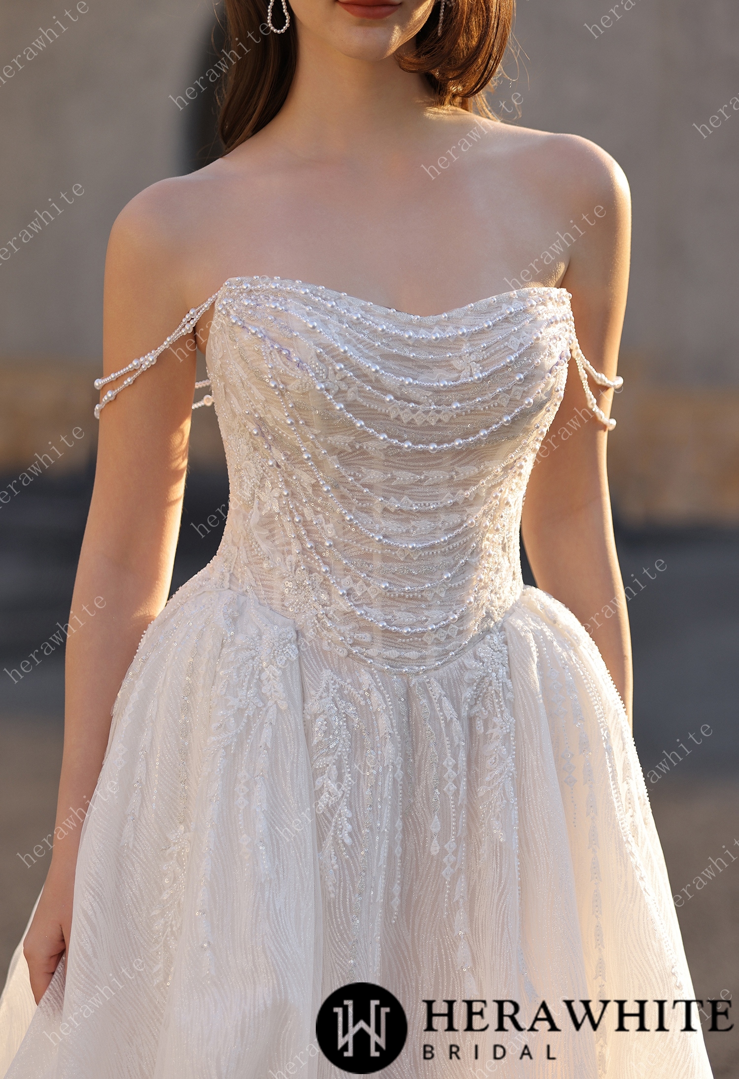 Strapless Ballgown Wedding Dress with Beaded Chain Shoulder Accent