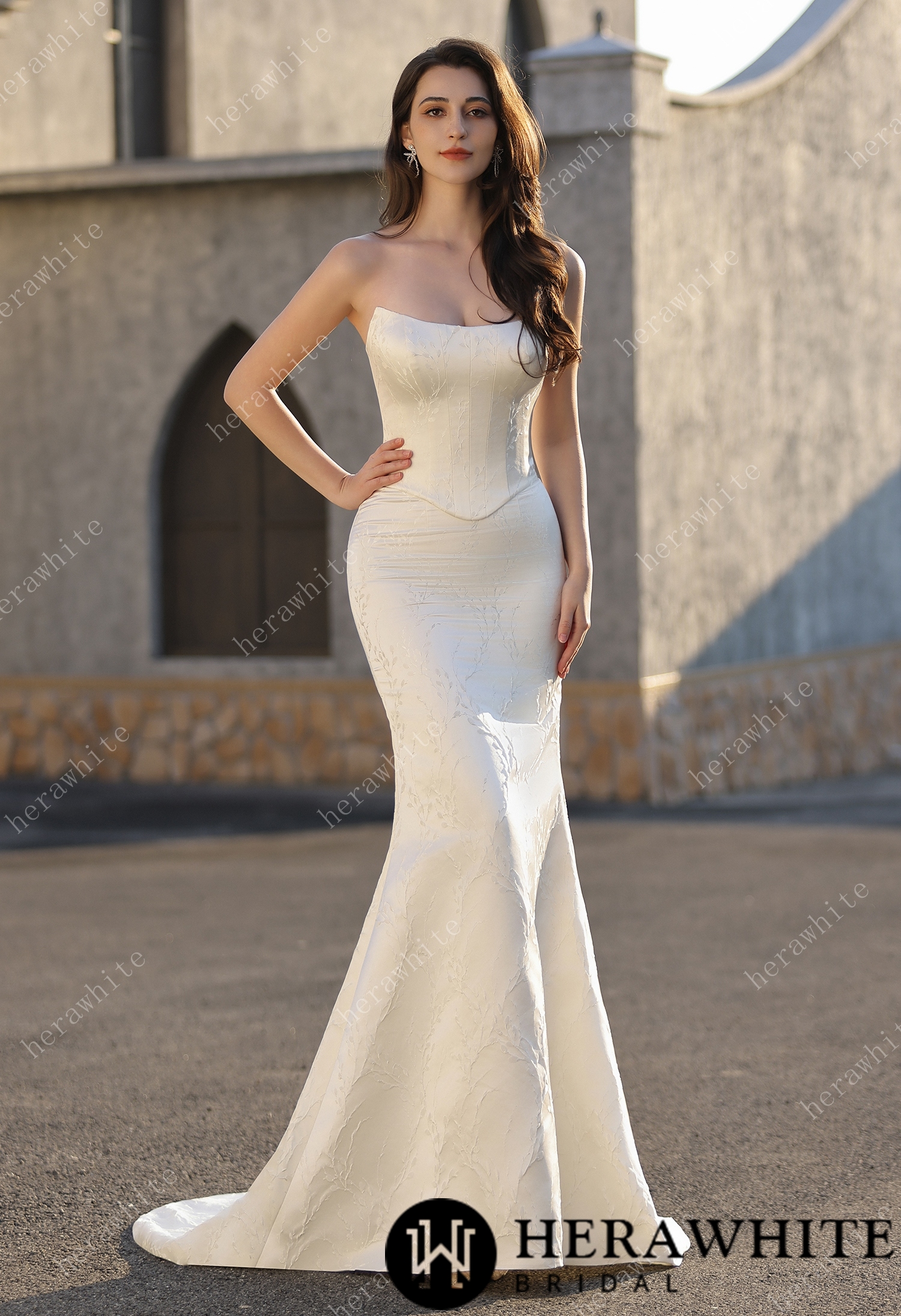 Subtle Texture Scoop Neckline Jacquard Mermaid Satin Wedding Gown