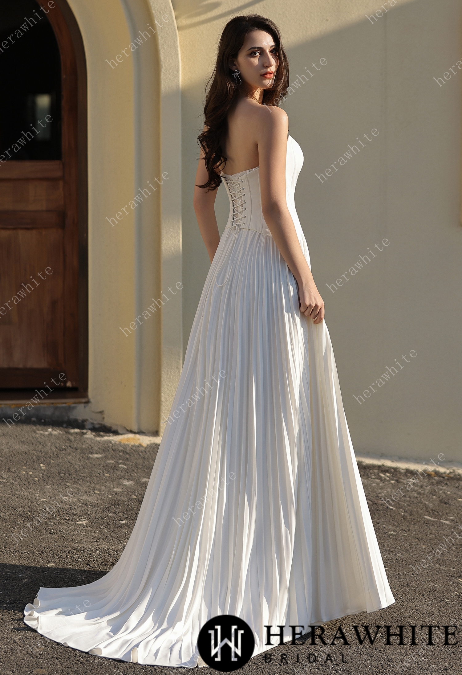 Delicately Pleated Skirt Wedding Dress Bridal Gown & Optional Structured Corset Vest