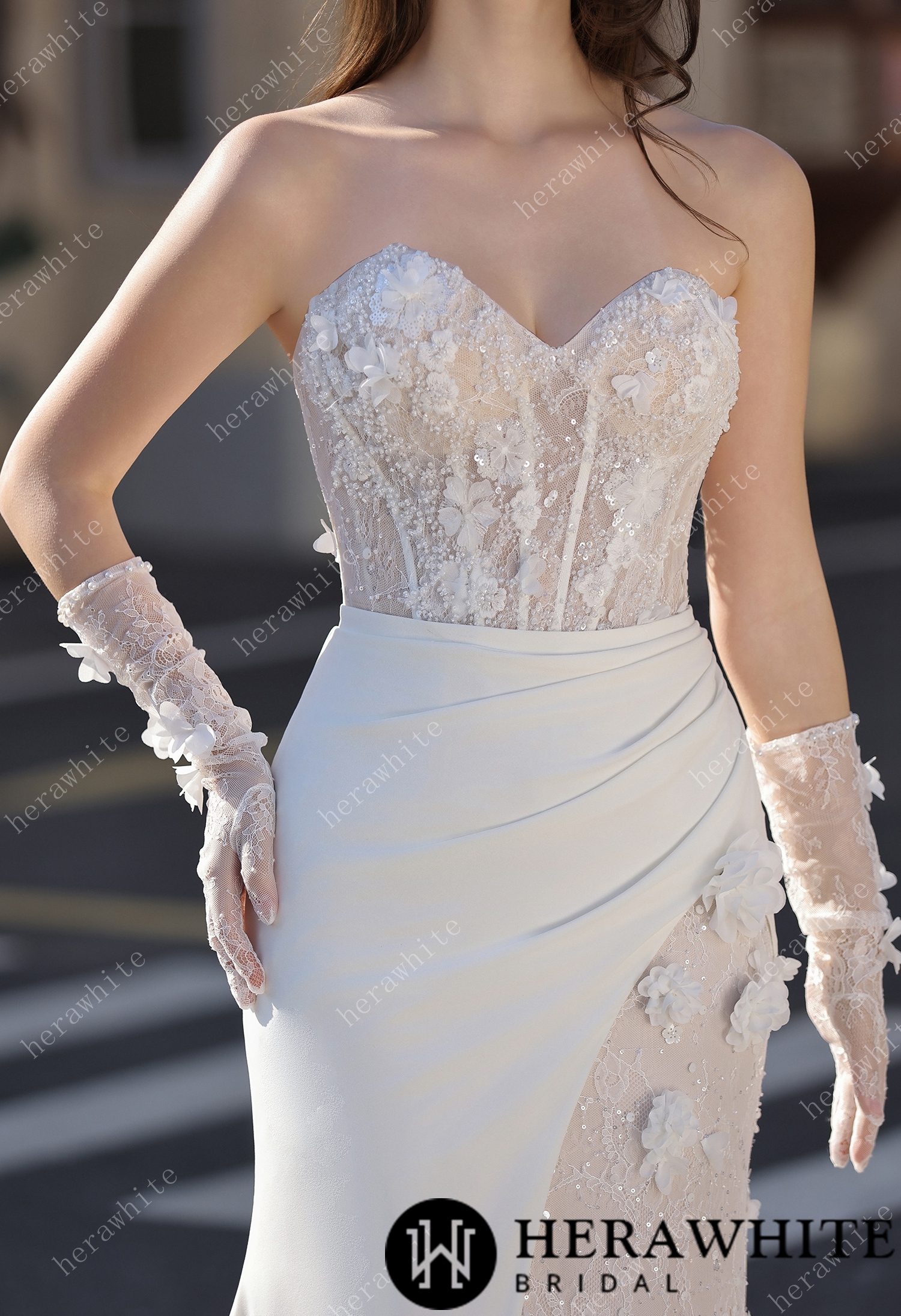 3D Lace Mermaid Silhouette Bridal Gown With Detachable Overskirt