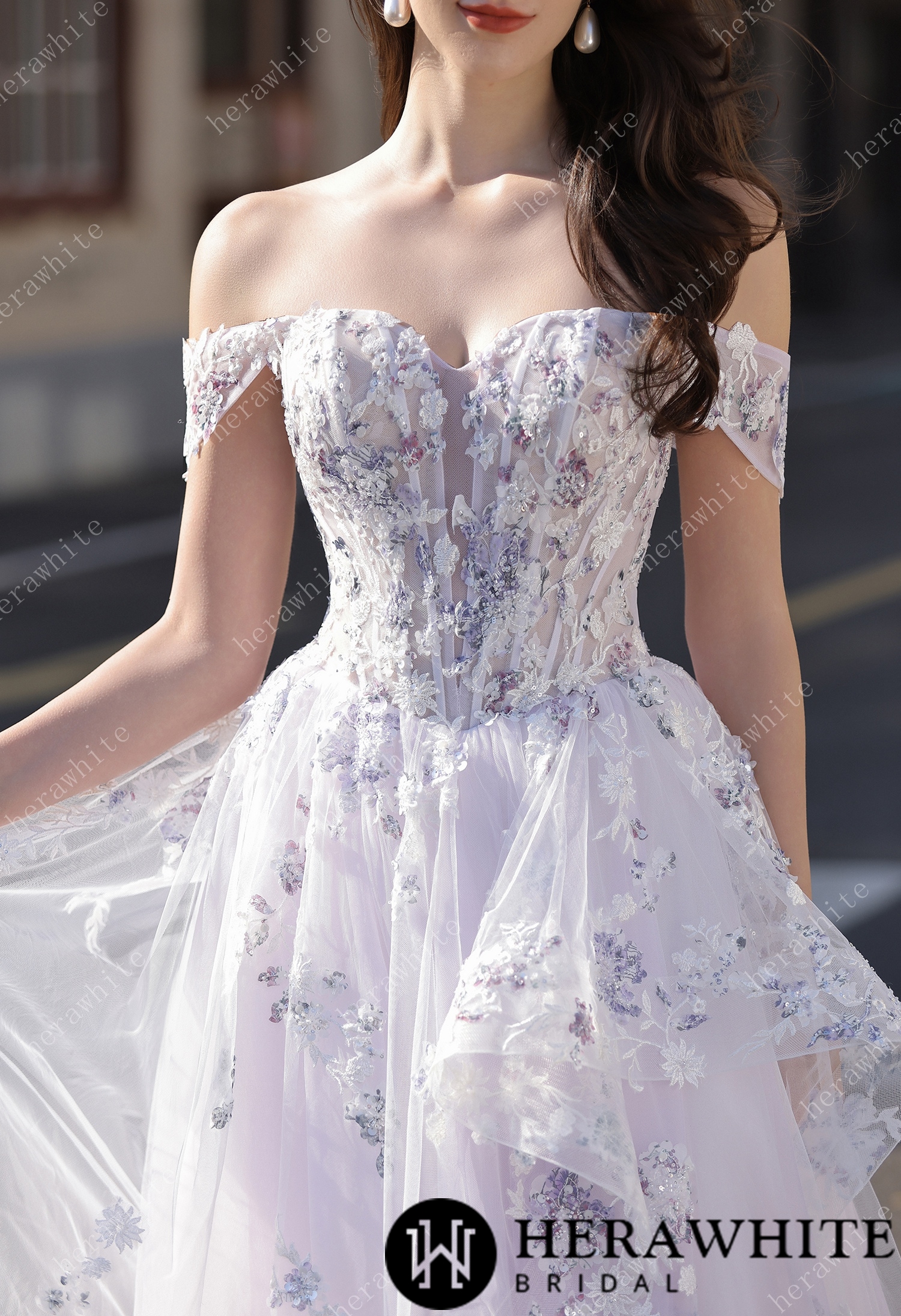 Floral Sheer-Bodice Bridal Gown with Asymmetric Ruffled Skirt