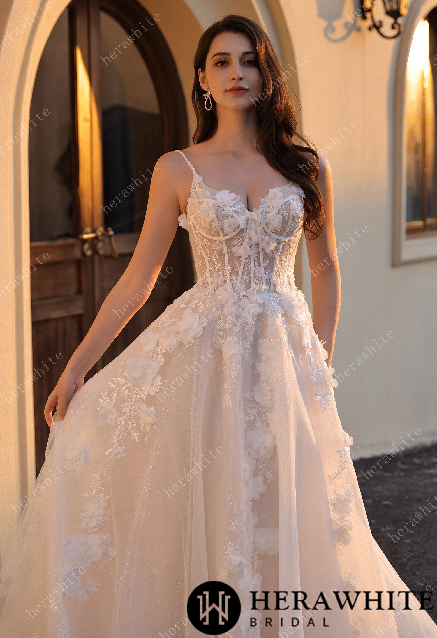 Spaghetti Strap 3D Floral Tulle Wedding Gown – Ethereal Ivory Bridal Dress with Train