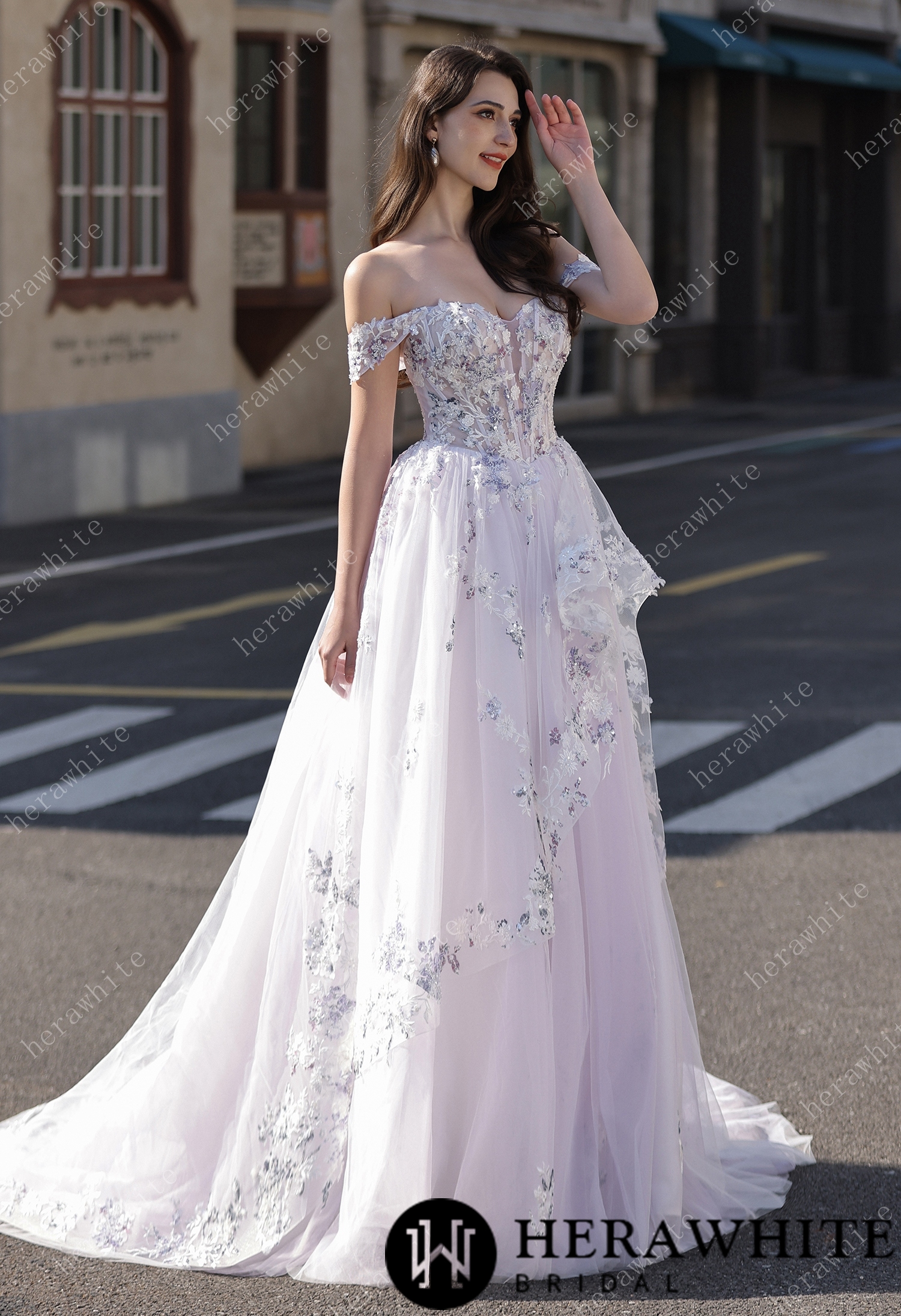 Floral Sheer-Bodice Bridal Gown with Asymmetric Ruffled Skirt