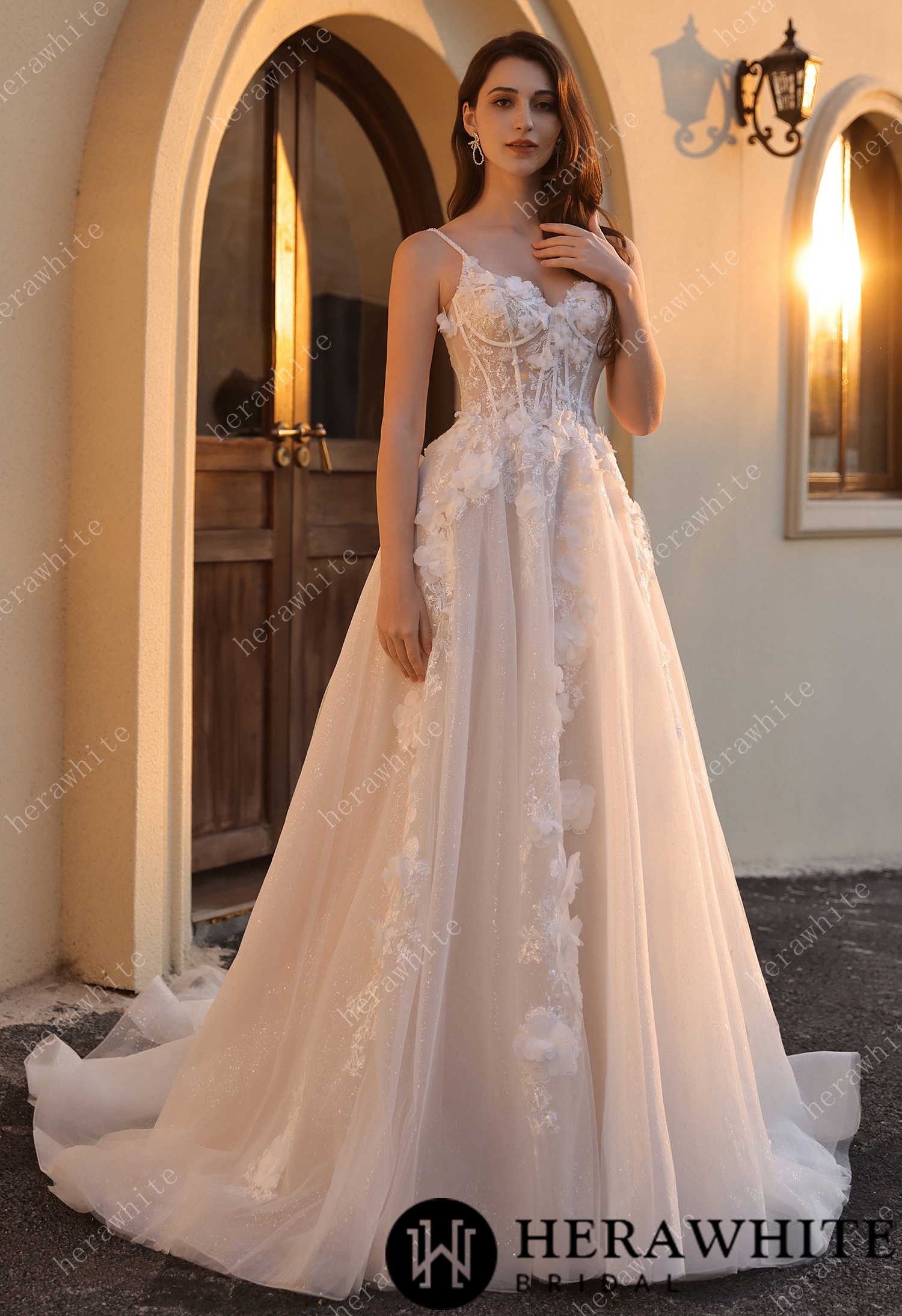 Spaghetti Strap 3D Floral Tulle Wedding Gown – Ethereal Ivory Bridal Dress with Train
