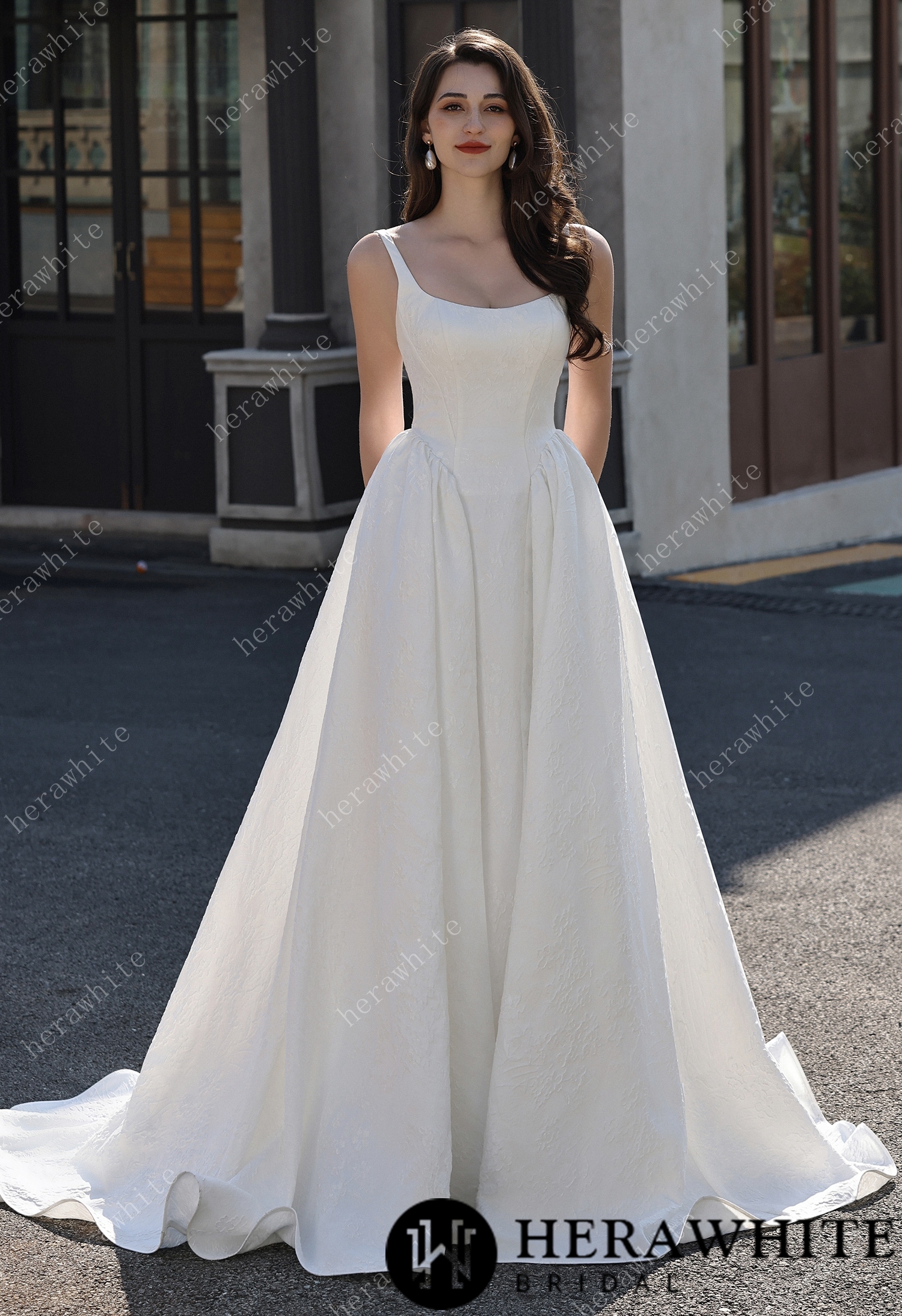 Dignified Square Neckline Subtle Textured Basque Jacquard Satin Ballgown