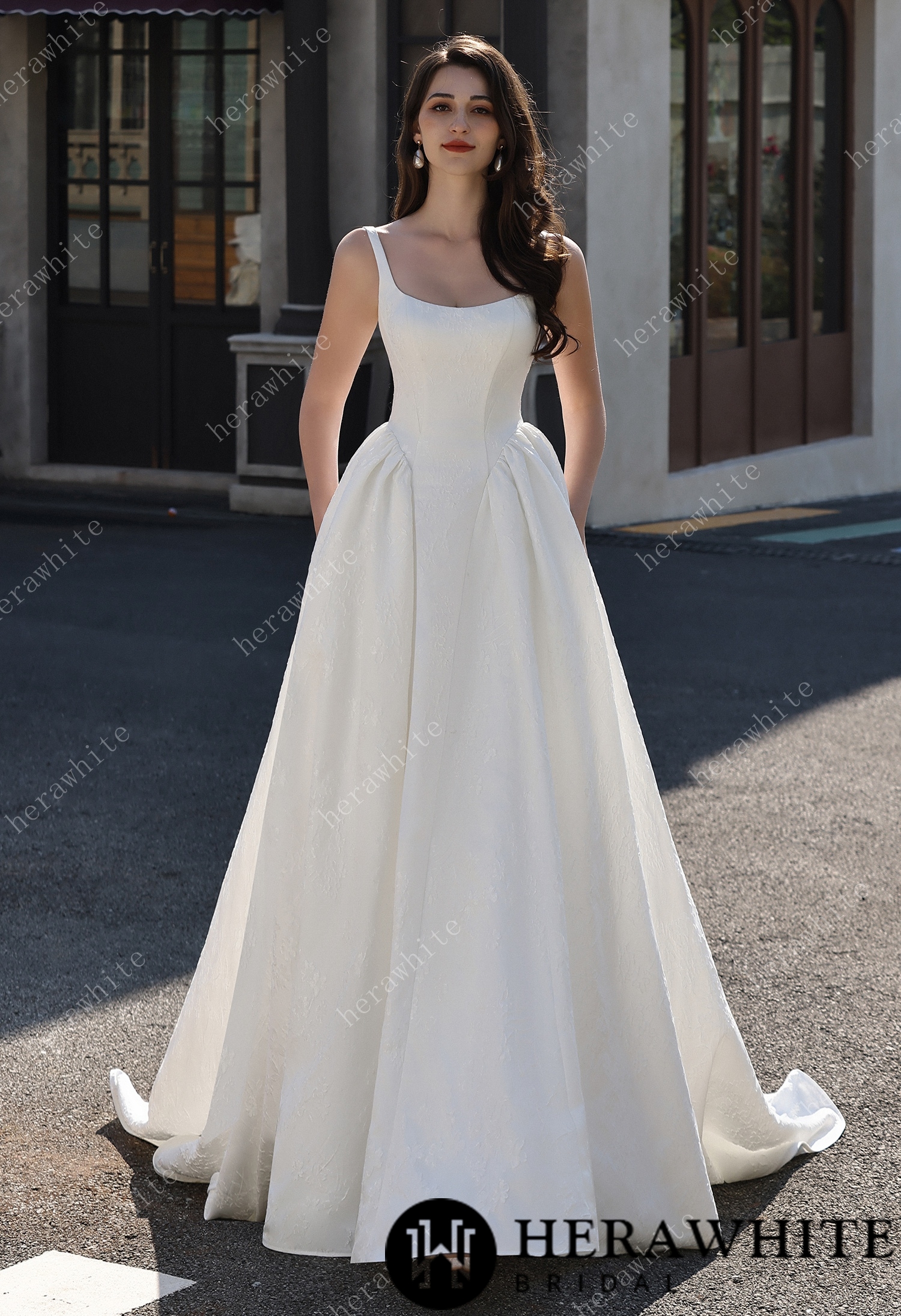 Dignified Square Neckline Subtle Textured Basque Jacquard Satin Ballgown