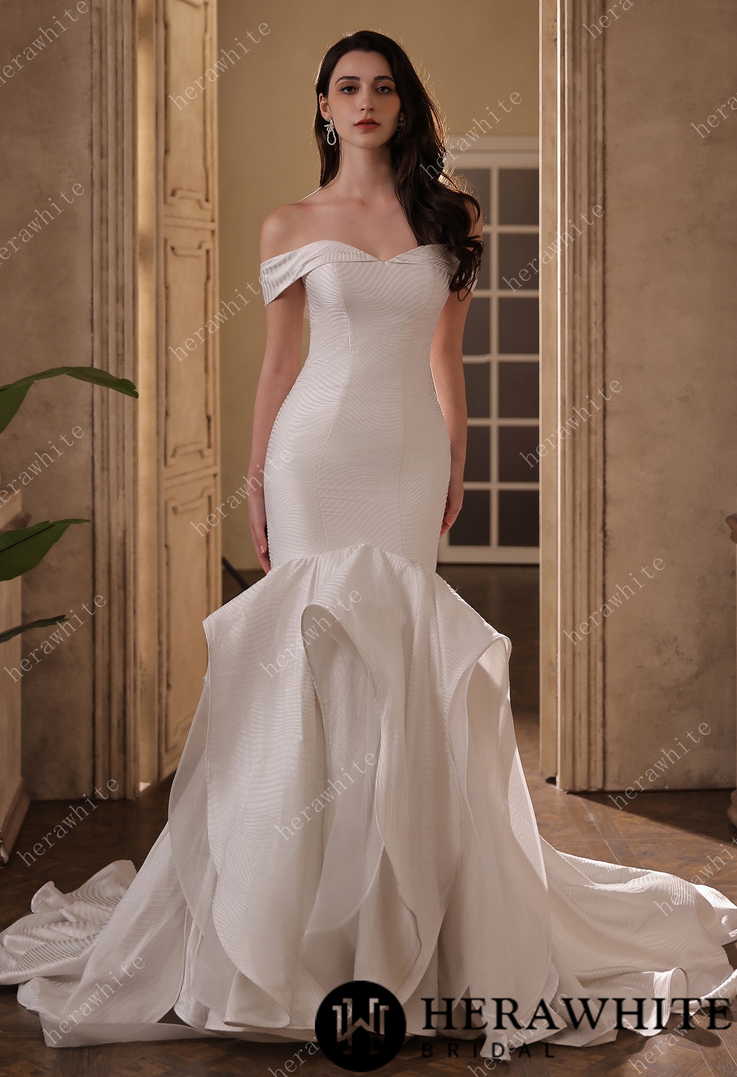 Off-the-Shoulder Textured  Fit And Flare Silhouette Wedding Dress With Ruffle Skirt