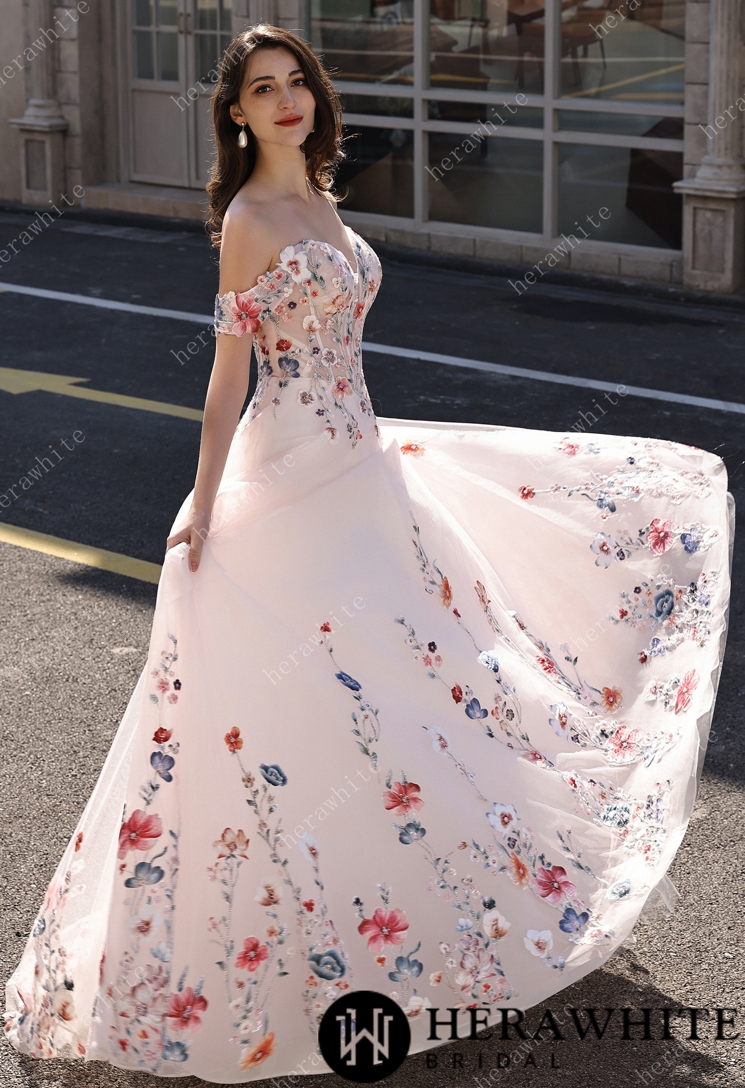 Colorful Lace Wedding Dress With Off-Shoulder Sleeves– Blush Pink Elegant Bridal Gown