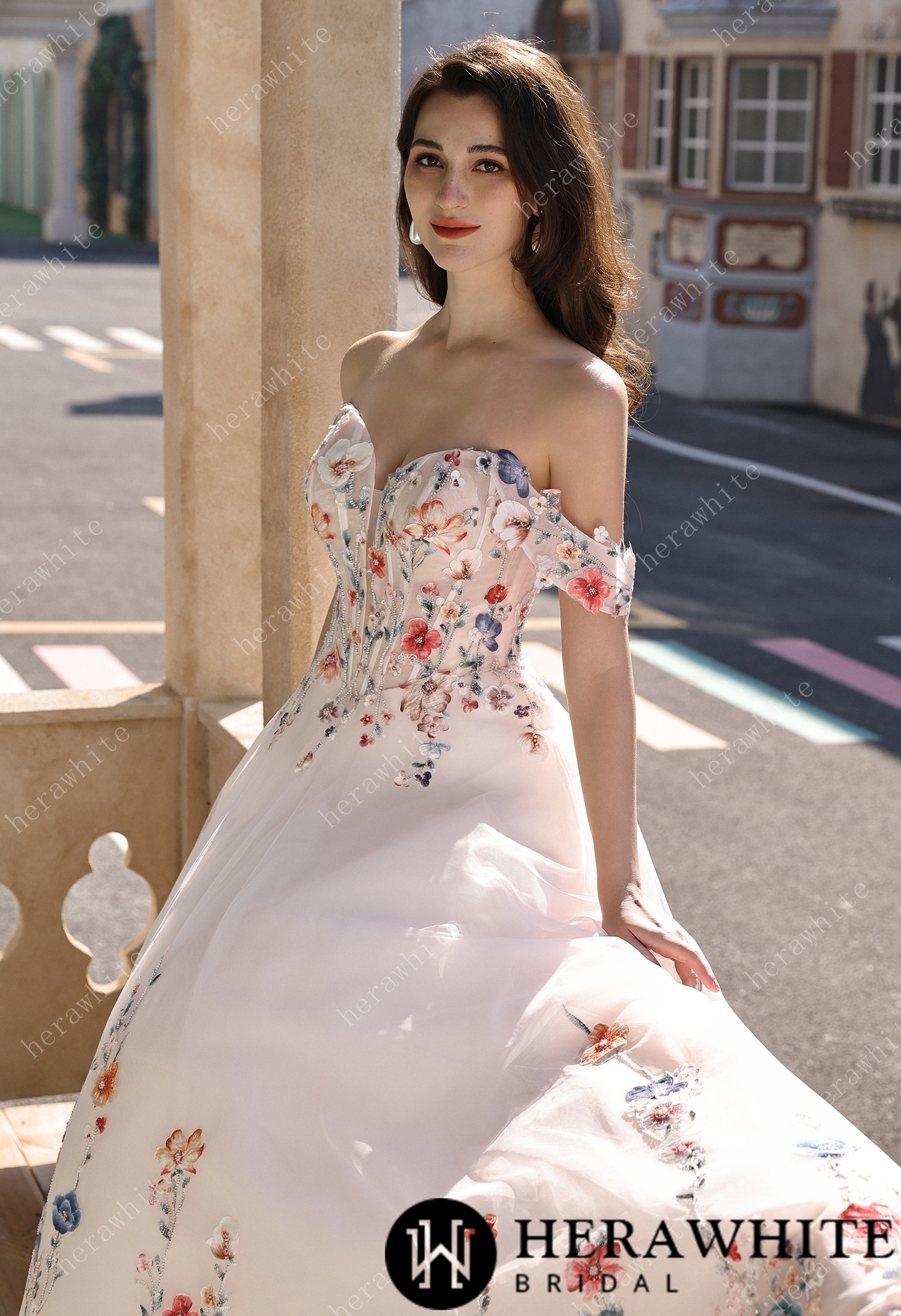 Colorful Lace Wedding Dress With Off-Shoulder Sleeves– Blush Pink Elegant Bridal Gown