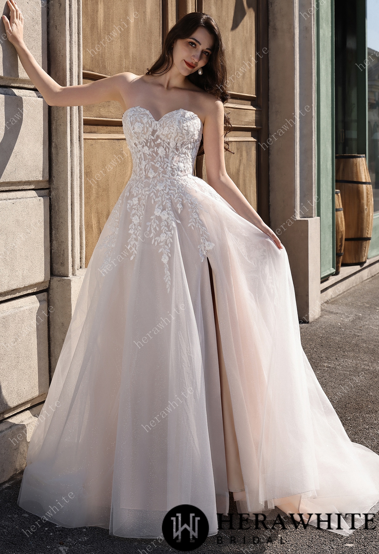 Strapless Sweetheart Beaded Lace Wedding Dress With High illusion Neck
