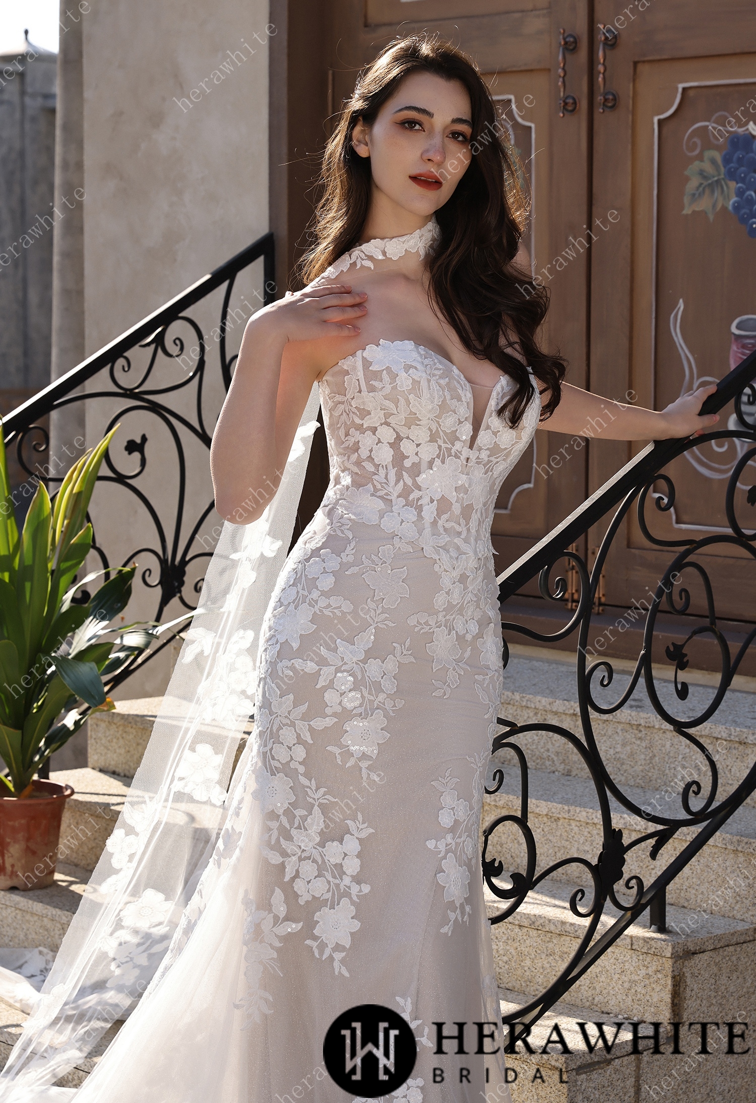 Sweetheart Neckline Floral Lace Mermaid Wedding Dress With Scarf & Optional Overskirt