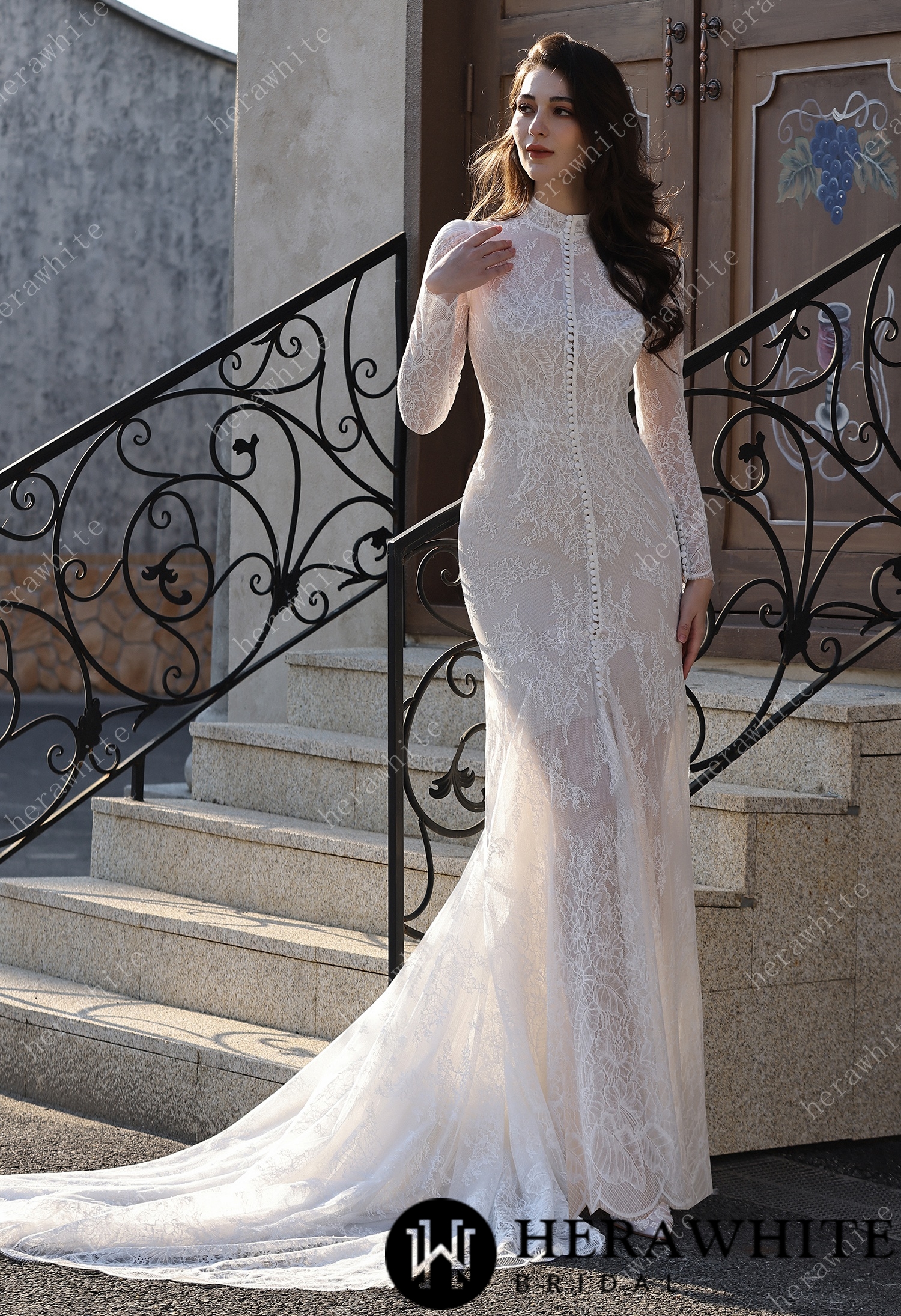 High Neck Lace Overcoat with Short Lined Bridal Ensemble
