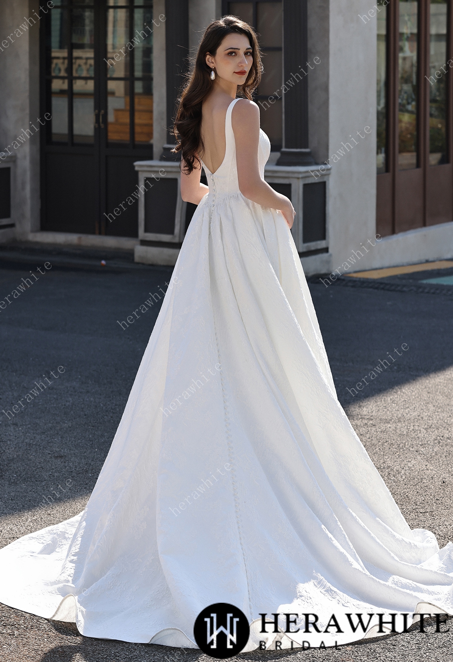 Dignified Square Neckline Subtle Textured Basque Jacquard Satin Ballgown