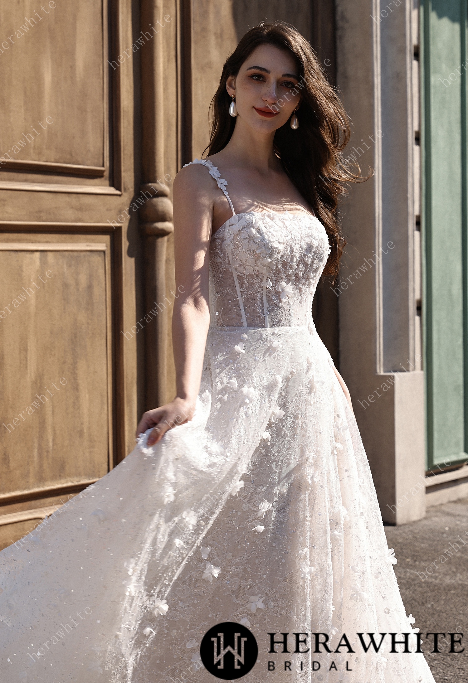 3D Floral Sparkle Lace  Wedding Dress With Straight Across Neckline