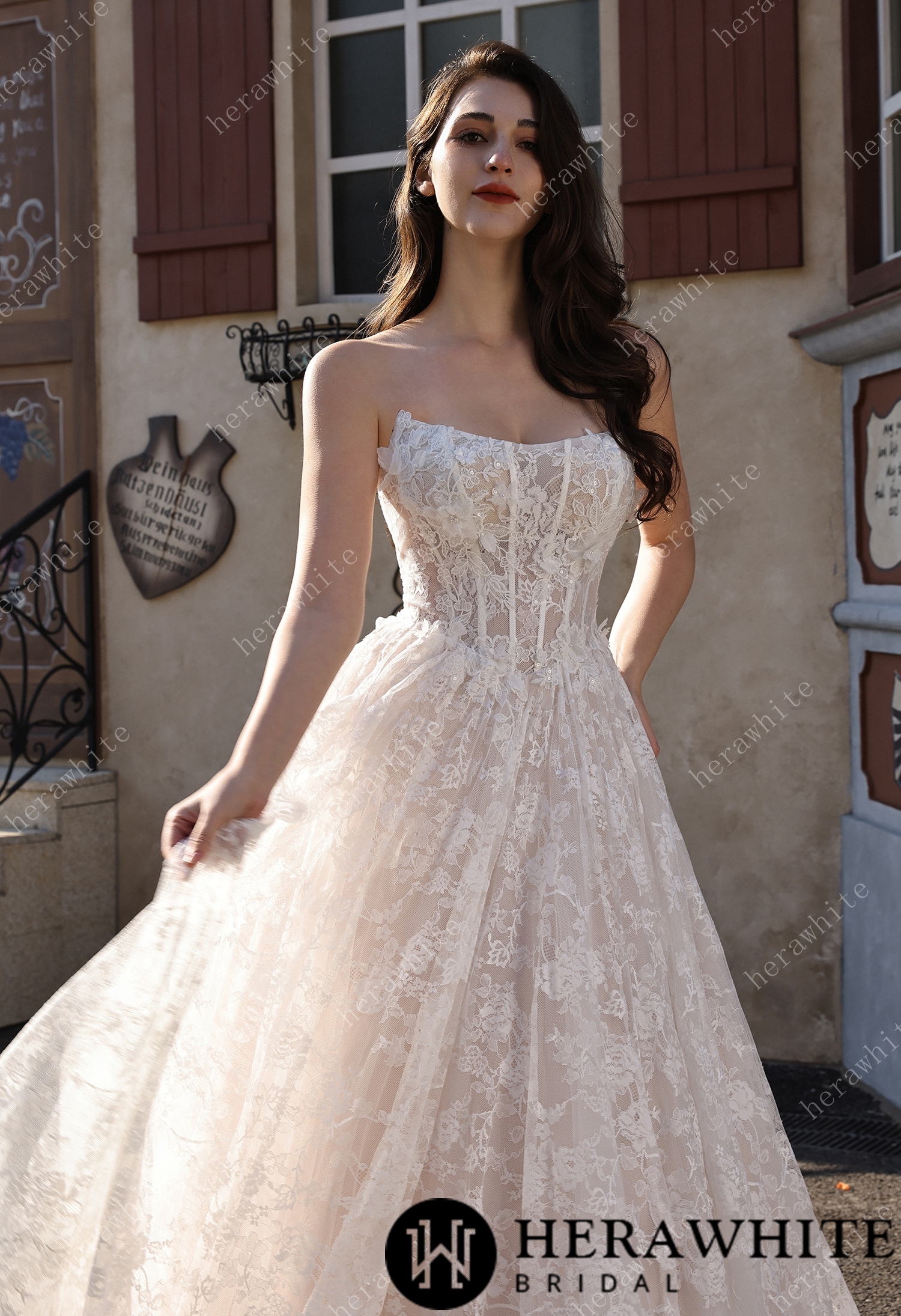 Ethereal Cat Eye Neckline Lace Ballgown Wedding With 3-D Flower Accents
