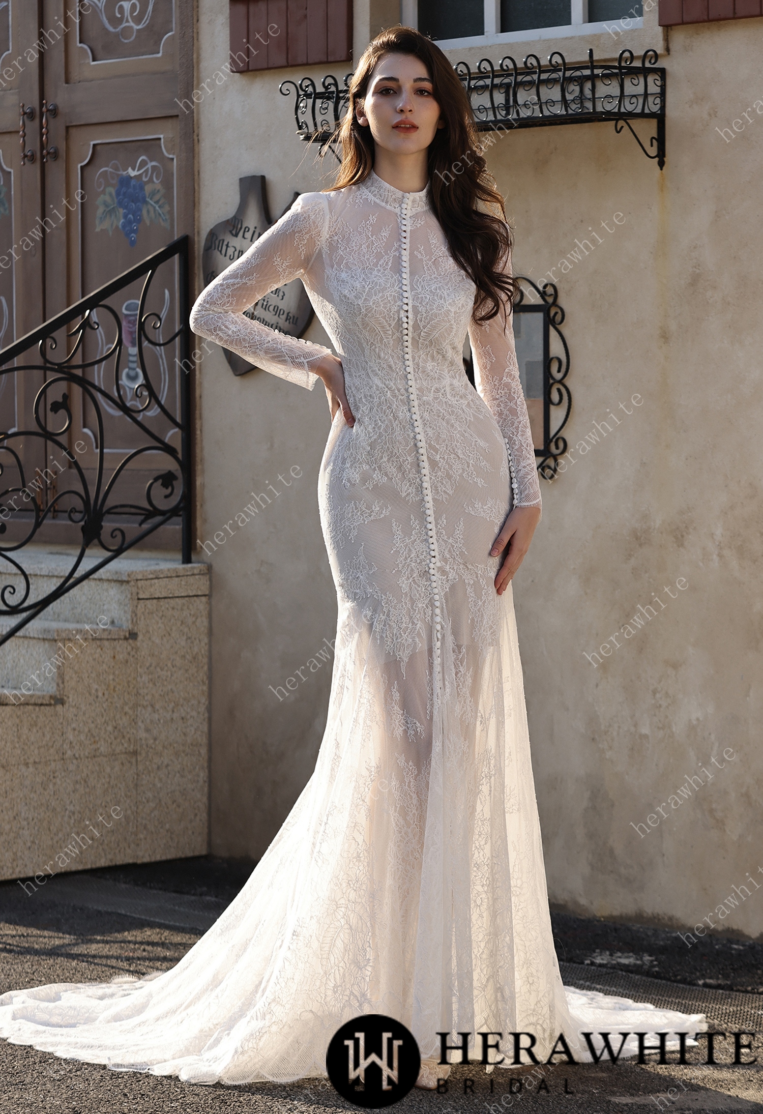 High Neck Lace Mermaid Bridal Gown with Buttons Placket
