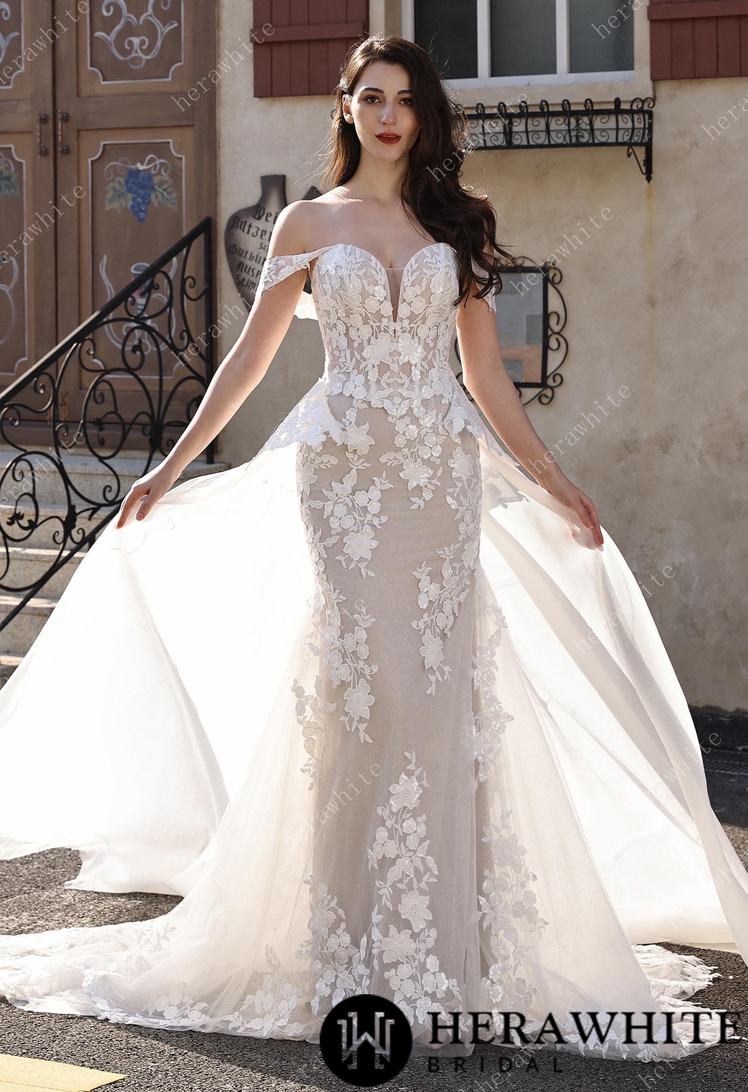 Sweetheart Neckline Floral Lace Mermaid Wedding Dress With Scarf & Optional Overskirt
