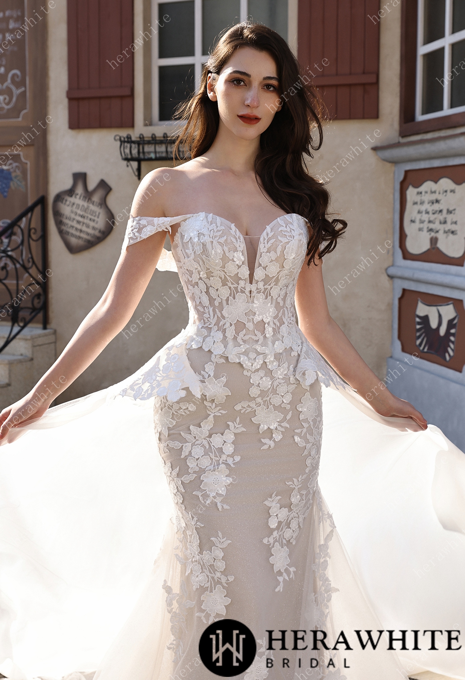 Couture Off-the-Shoulder Floral Lace Mermaid Gown With Detachable Overskirt