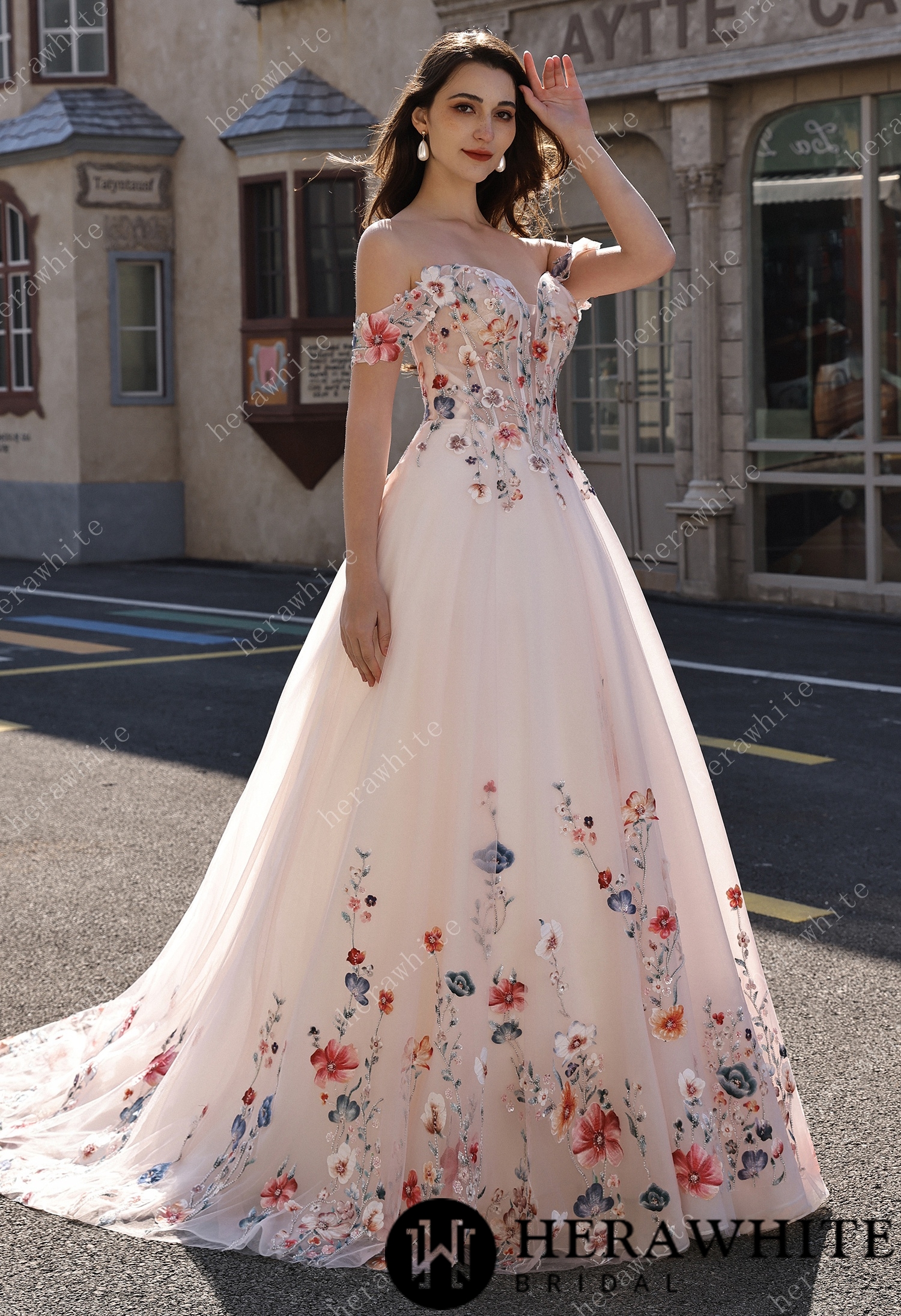 Colorful Lace Wedding Dress With Off-Shoulder Sleeves– Blush Pink Elegant Bridal Gown