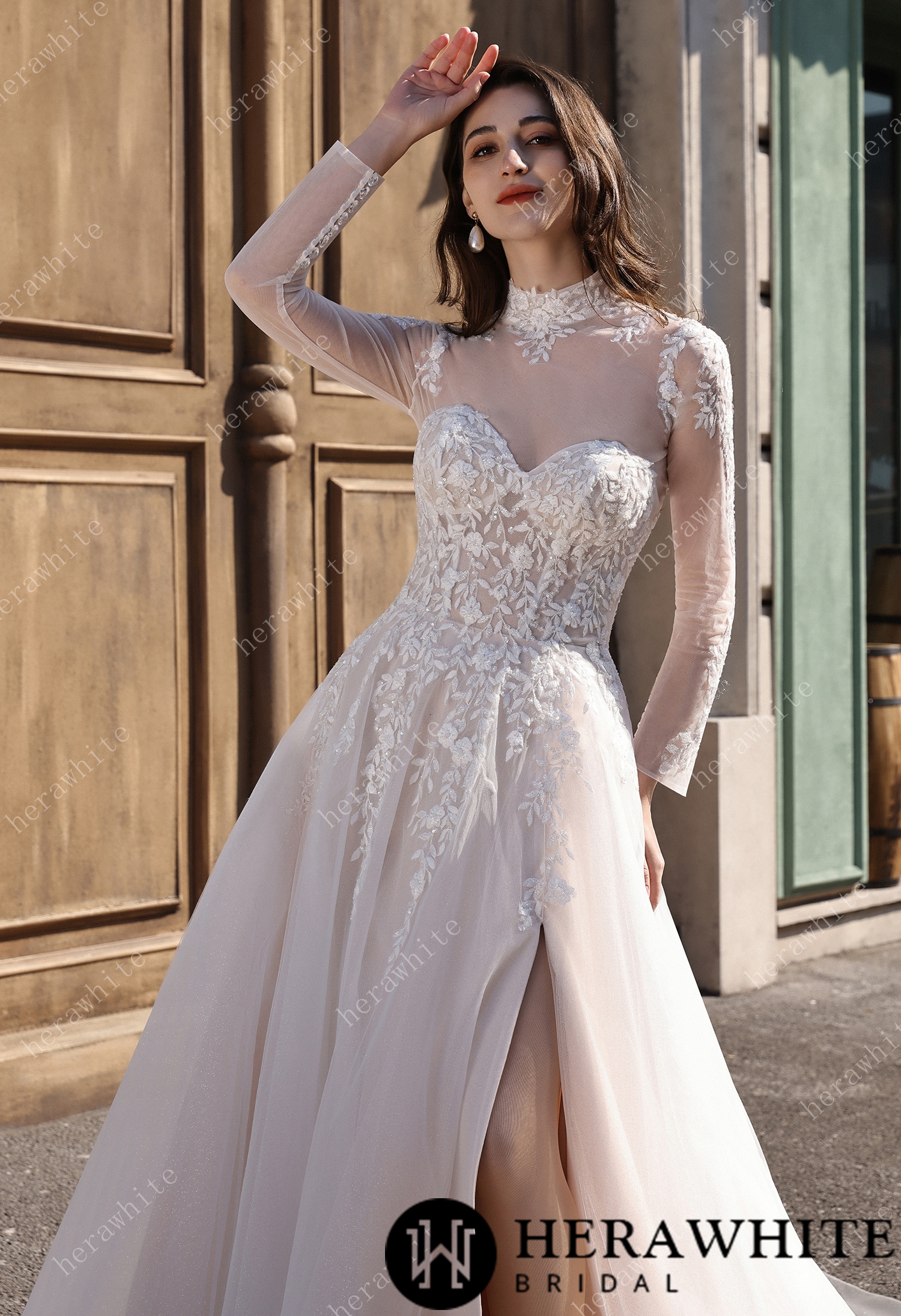 Strapless Sweetheart Beaded Lace Wedding Dress With High illusion Neck