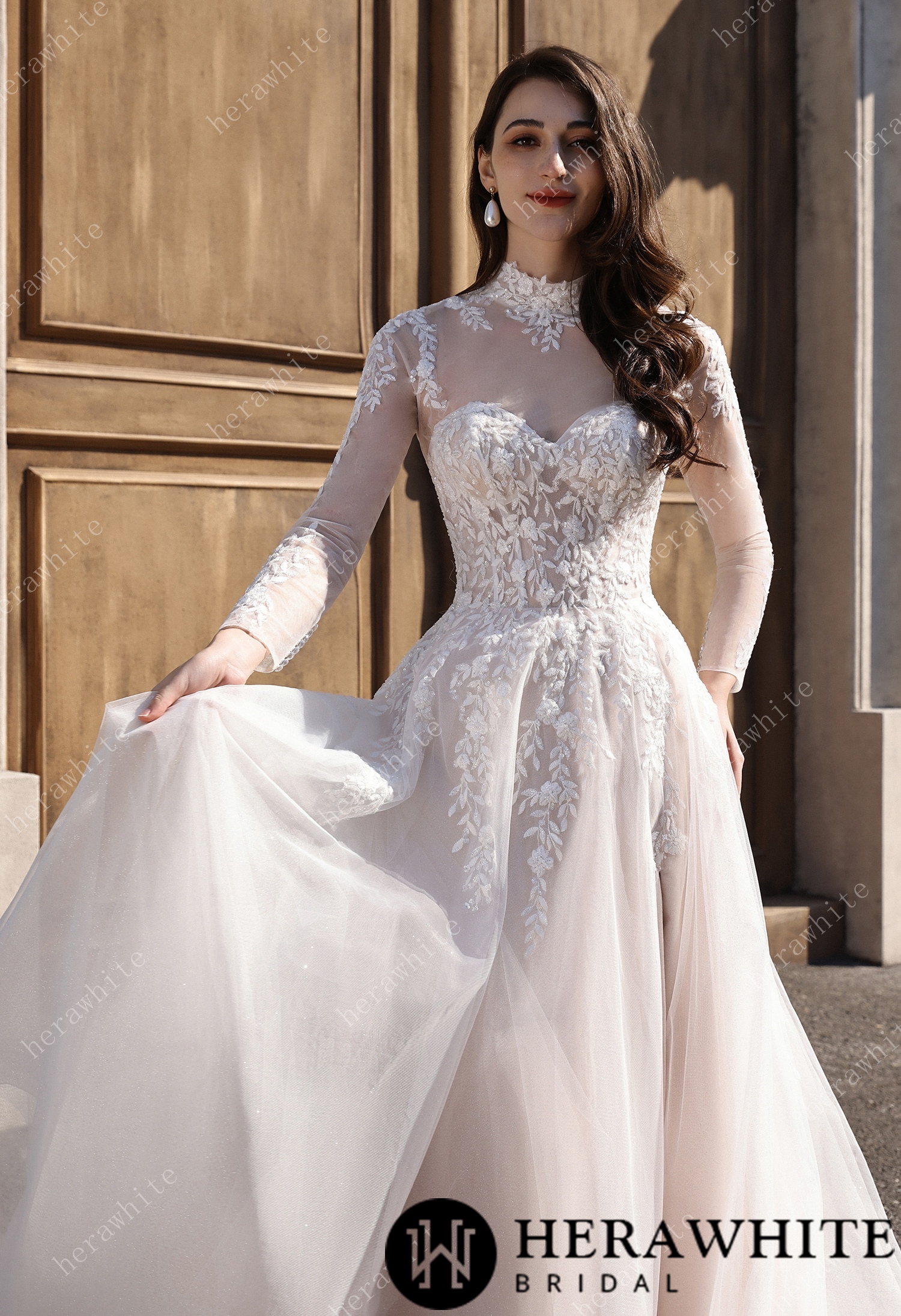 Strapless Sweetheart Beaded Lace Wedding Dress With High illusion Neck