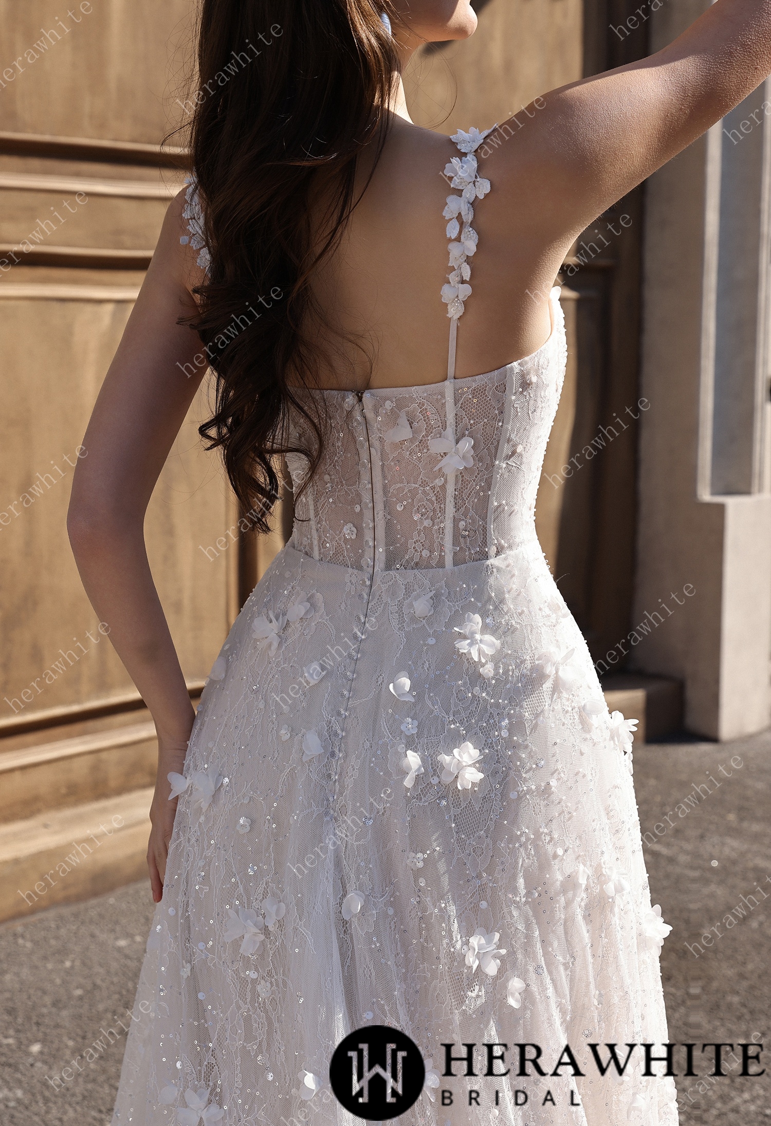 3D Floral Sparkle Lace  Wedding Dress With Straight Across Neckline