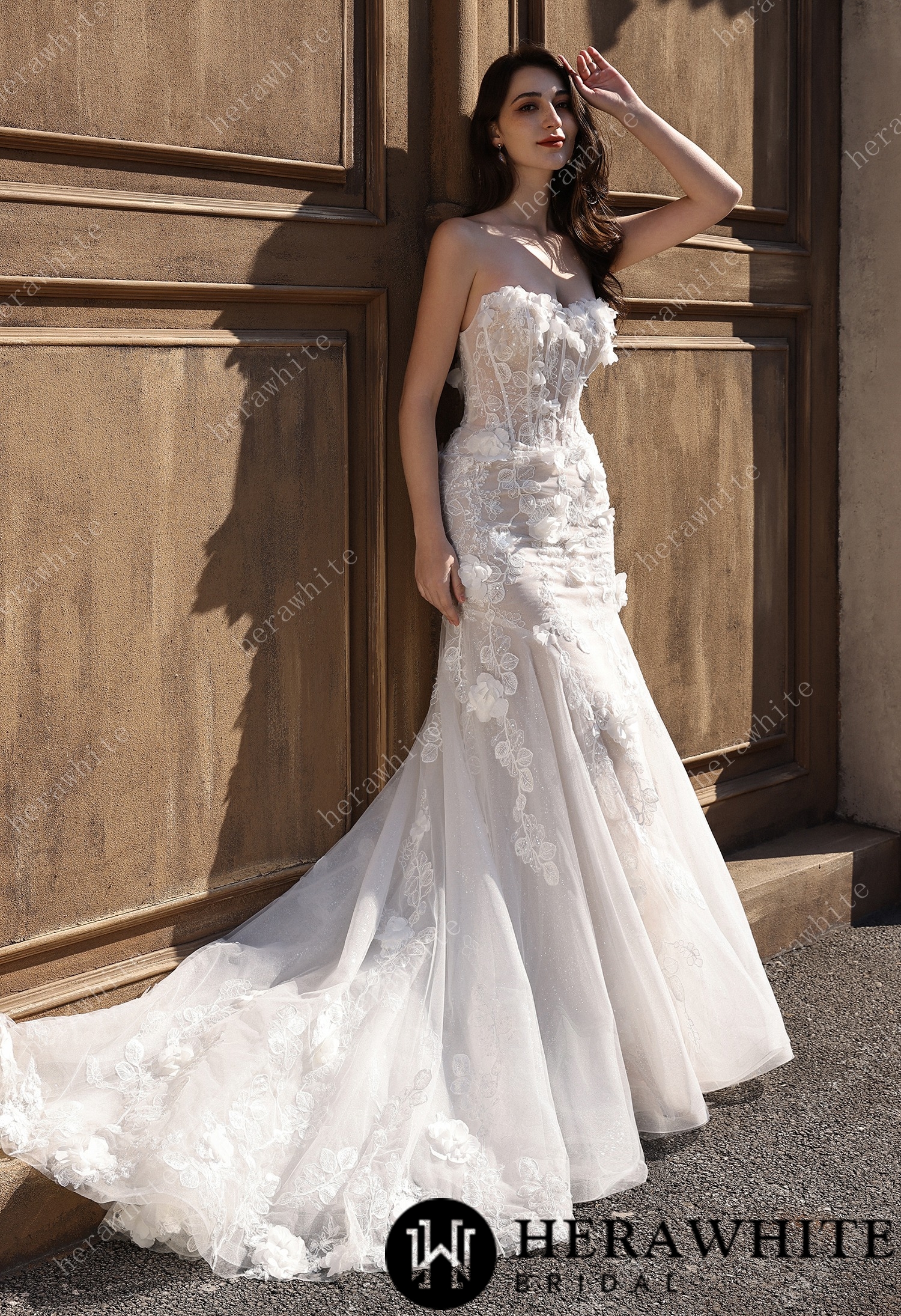 Off-the-Shoulder  3D Flower Lace Fit And Flare Wedding Dress