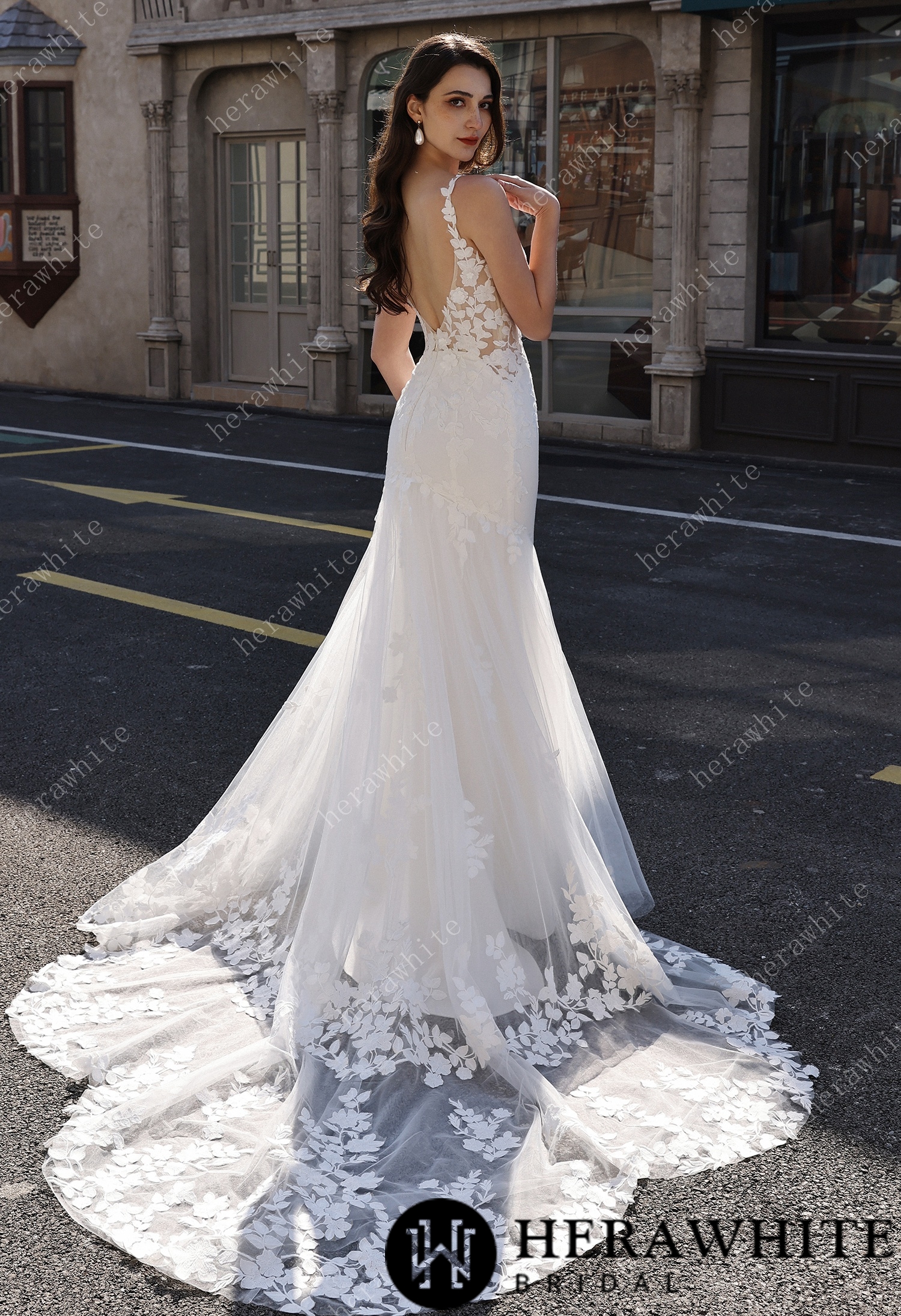 Embellished Mermaid Plunging Neckline Wedding Gown with Scallop Train