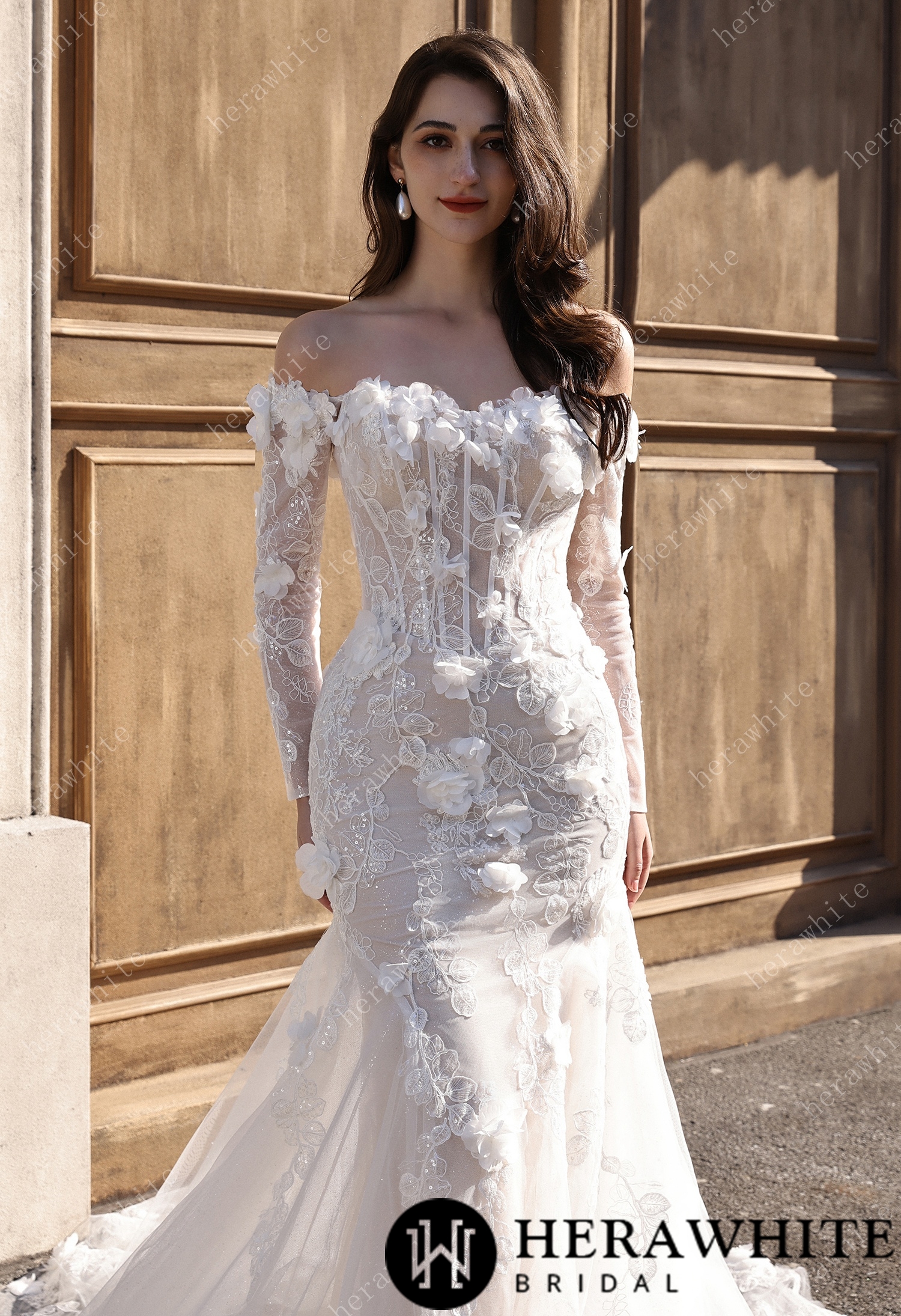 Off-the-Shoulder  3D Flower Lace Fit And Flare Wedding Dress