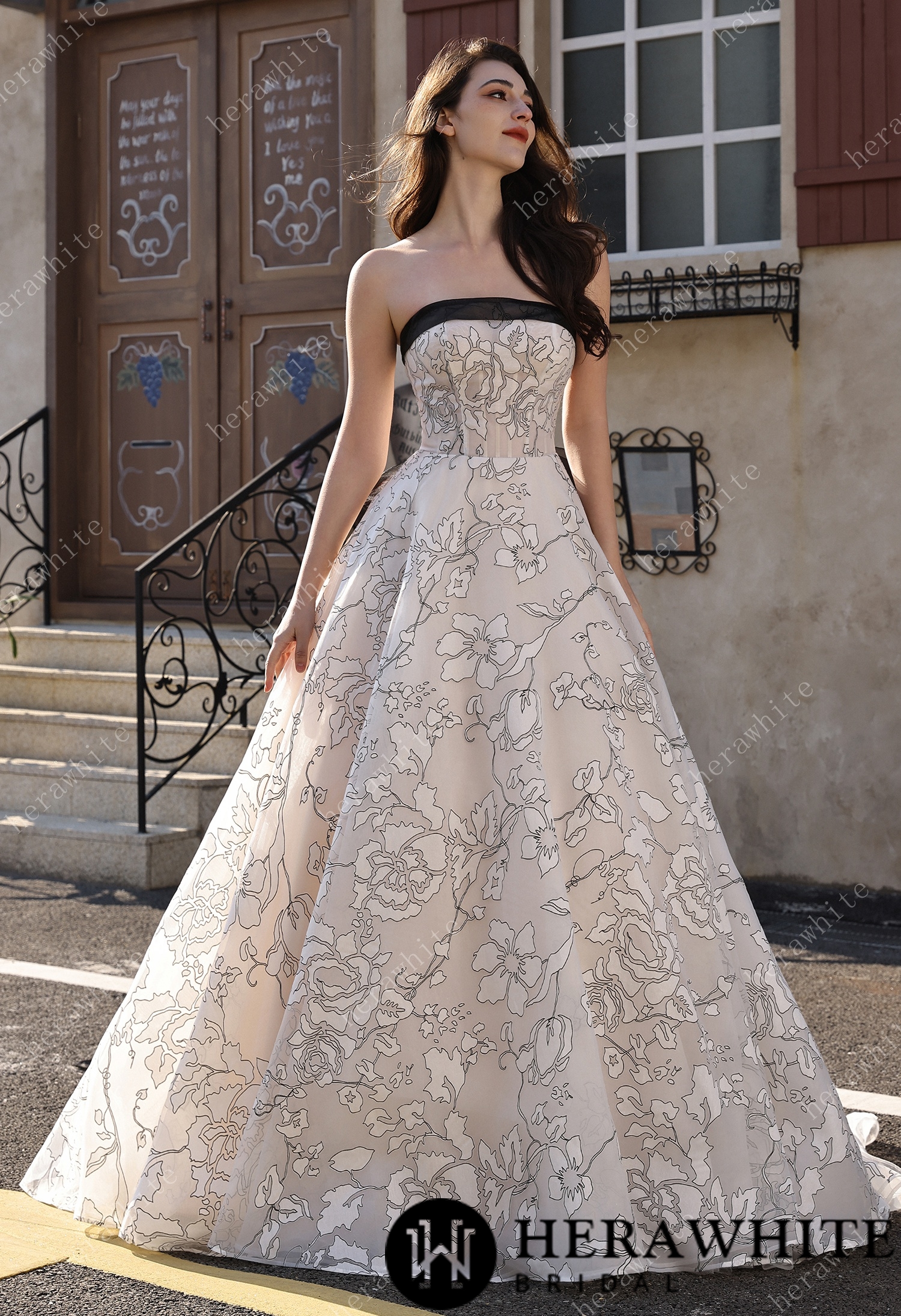 Strapless Black & Ivory Line-Art Floral Organza Bridal Gown With Back Detachable Bow