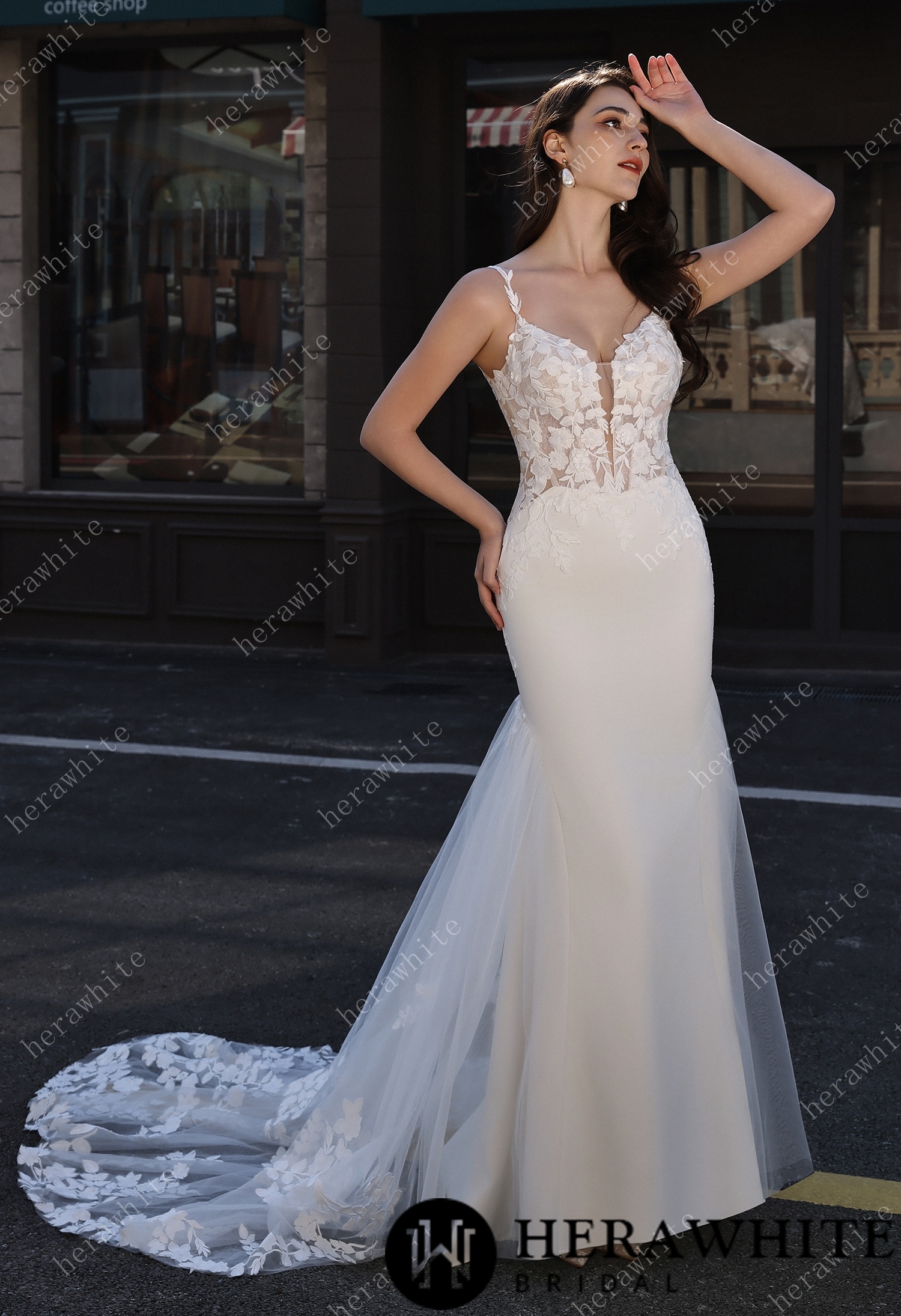 Embellished Mermaid Plunging Neckline Wedding Gown with Scallop Train