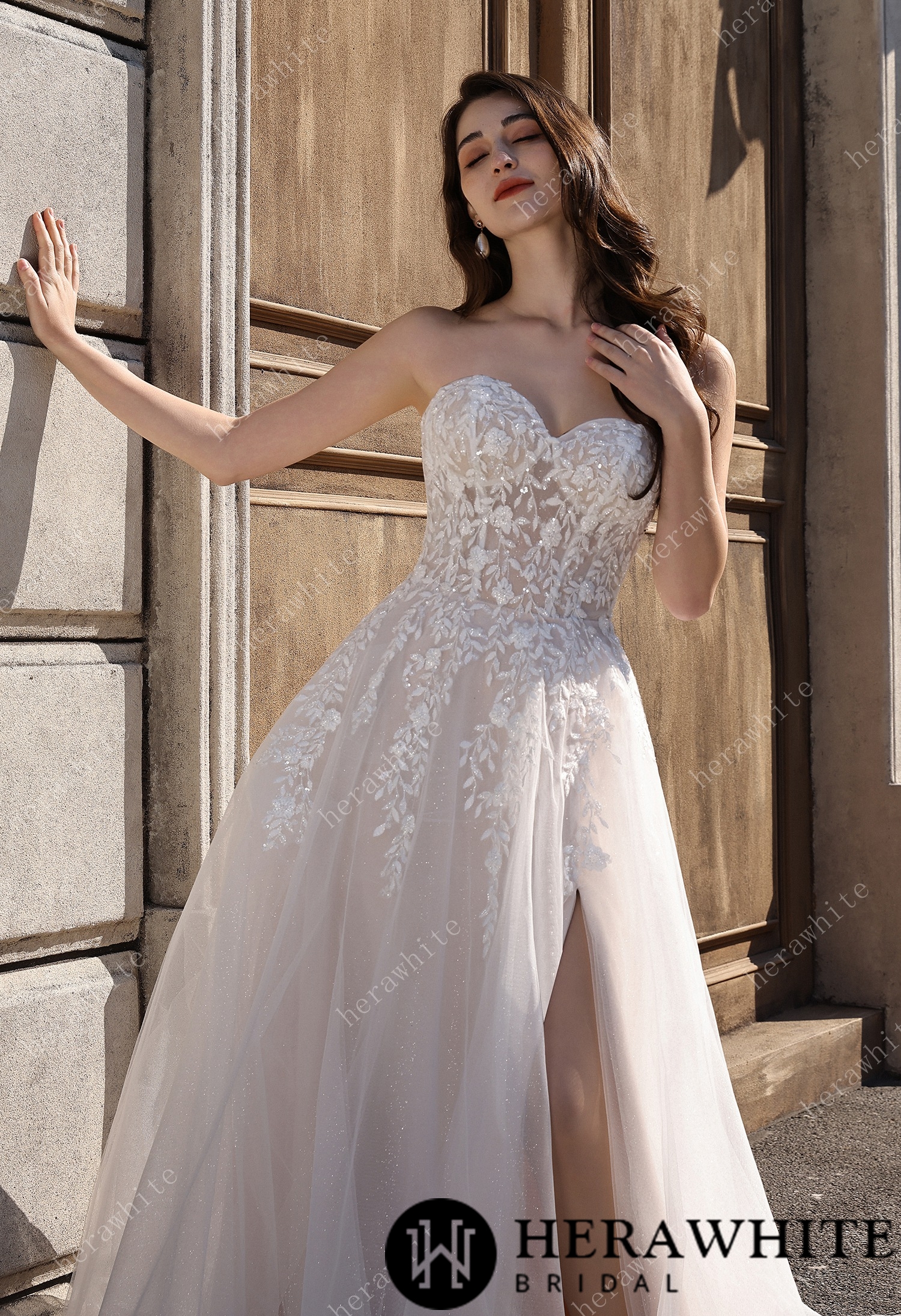 Strapless Sweetheart Beaded Lace Wedding Dress With High illusion Neck