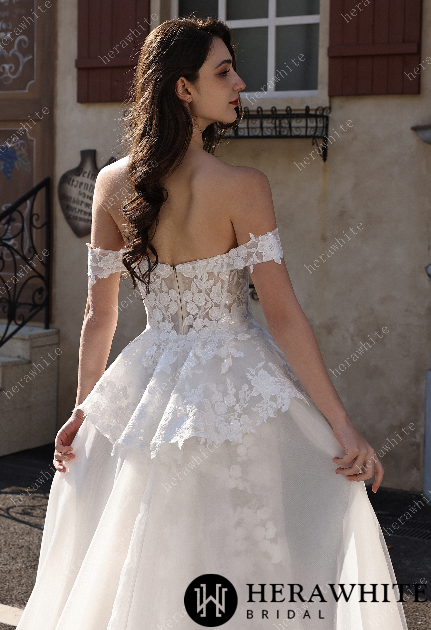Couture Off-the-Shoulder Floral Lace Mermaid Gown With Detachable Overskirt