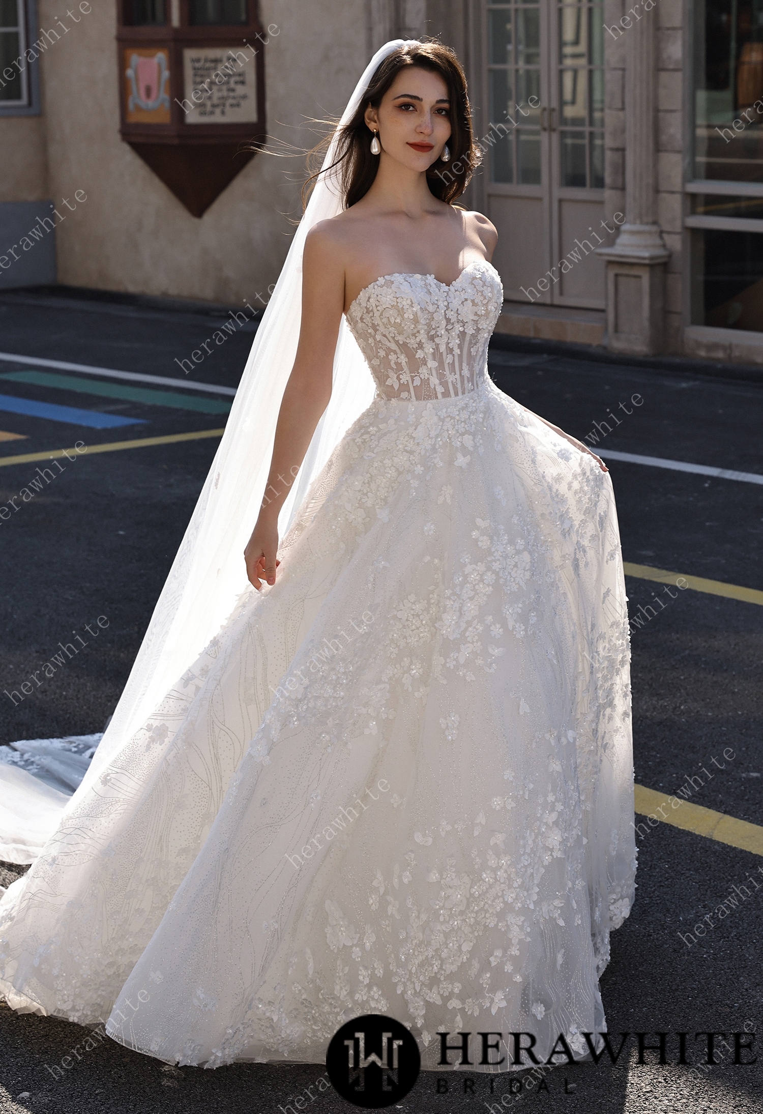 Off-the-Shoulder Sheer Floral Lace With Glitter A-Line Romantic Wedding Dress
