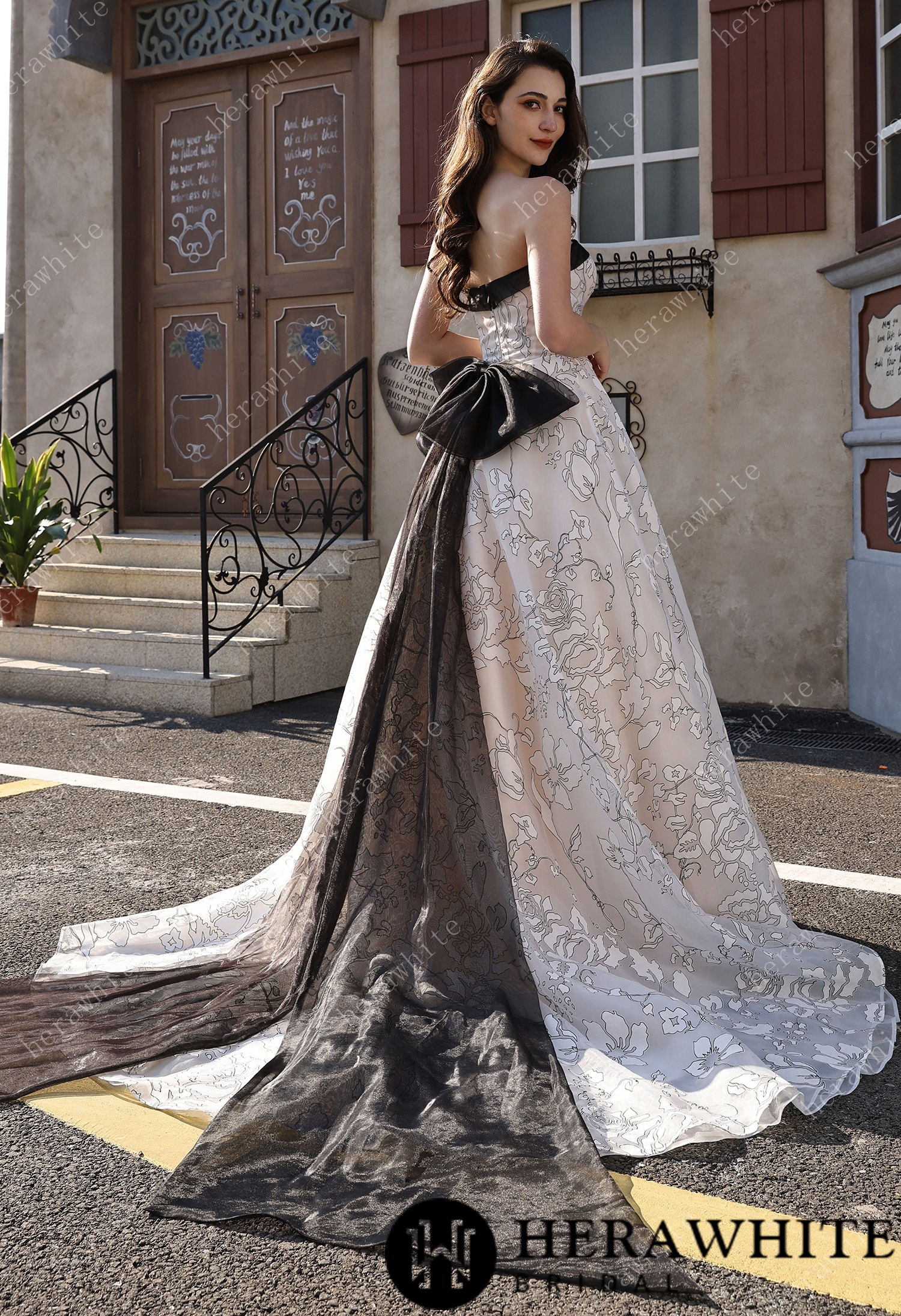 Strapless Black & Ivory Line-Art Floral Organza Bridal Gown With Back Detachable Bow