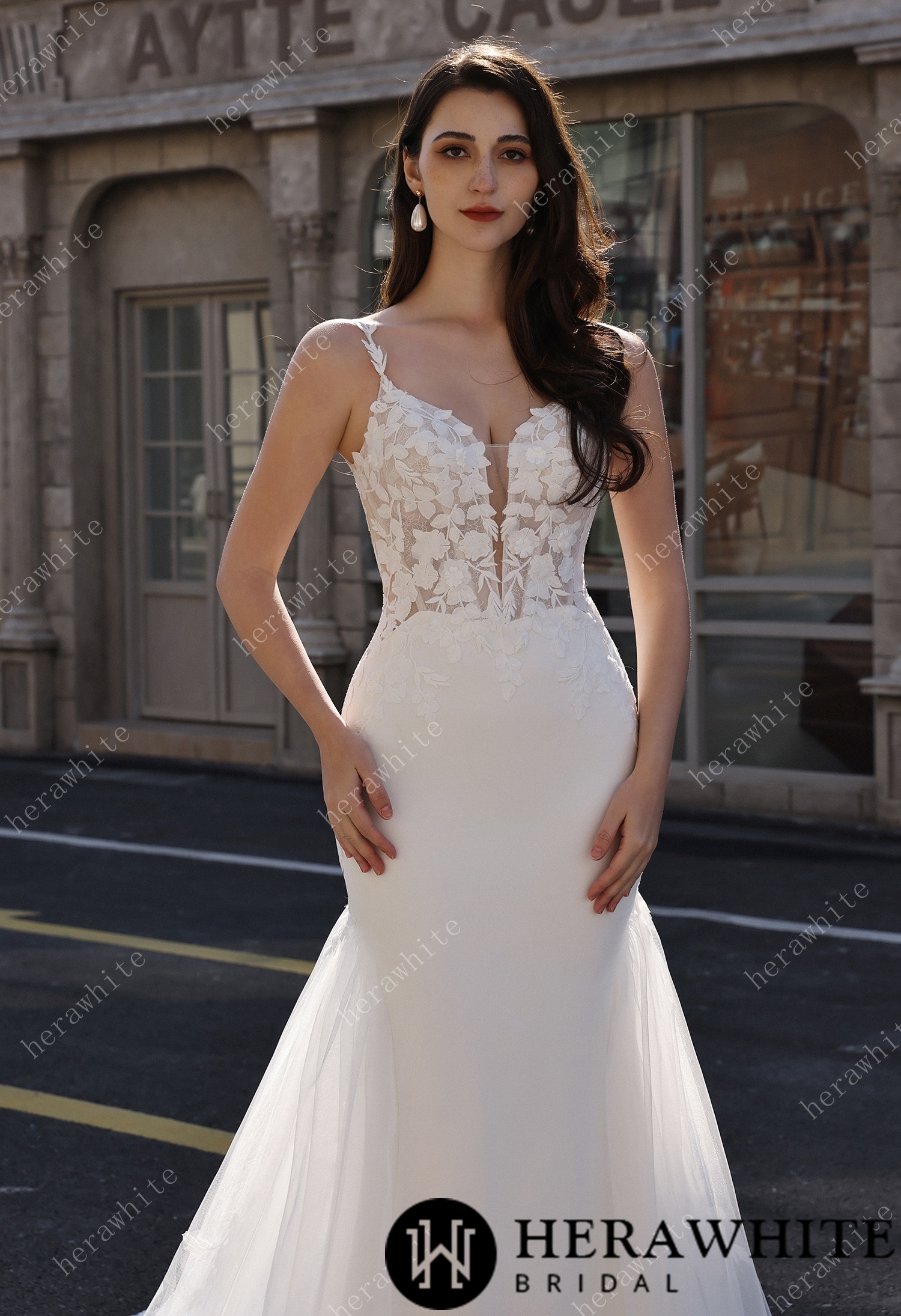 Embellished Mermaid Plunging Neckline Wedding Gown with Scallop Train