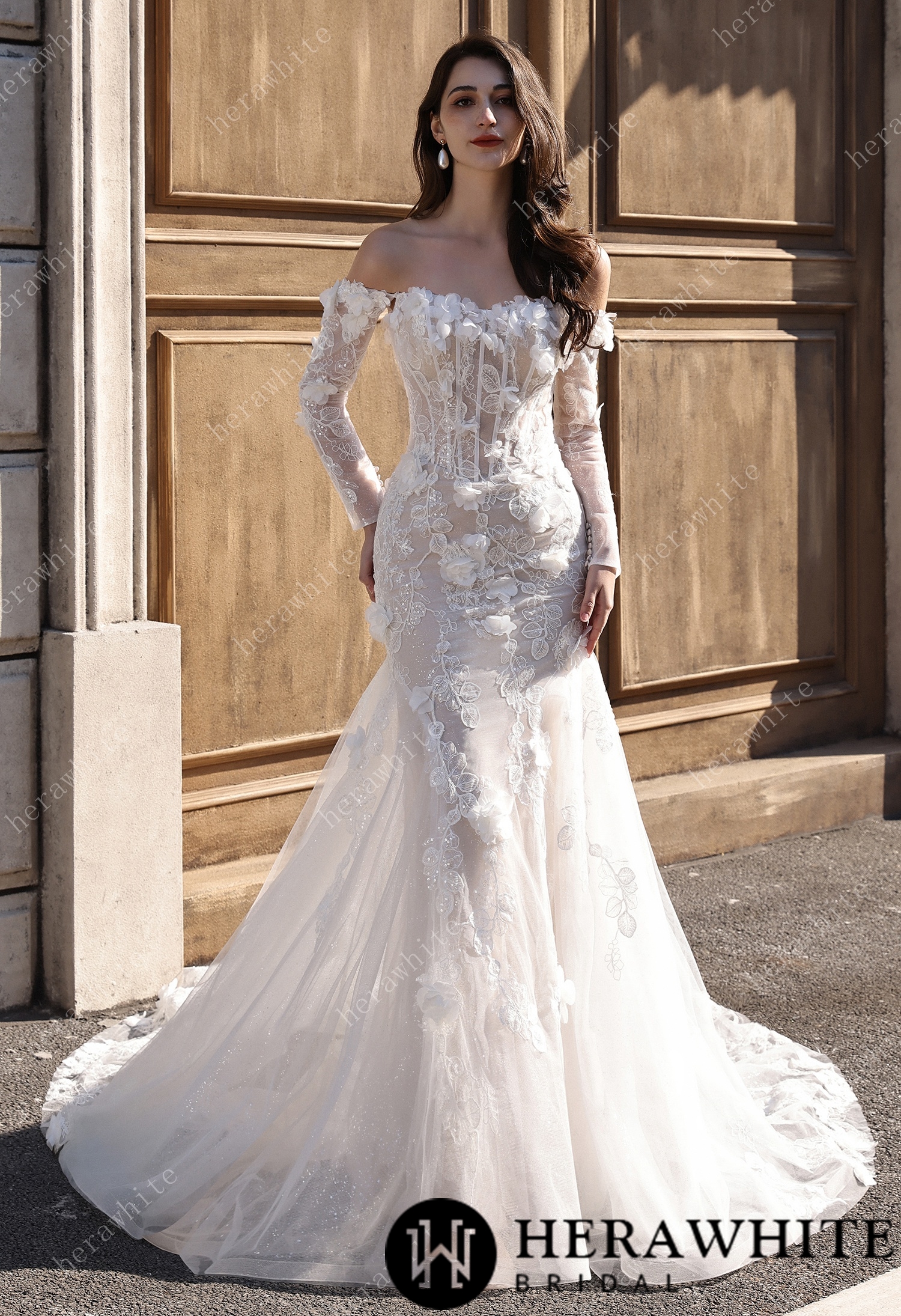 Off-the-Shoulder  3D Flower Lace Fit And Flare Wedding Dress