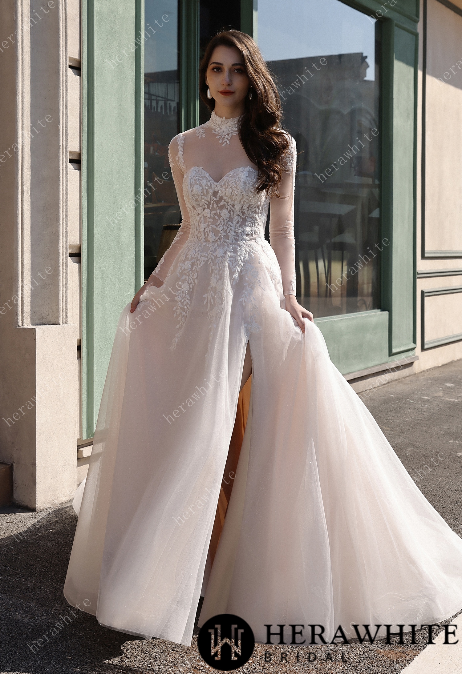 Strapless Sweetheart Beaded Lace Wedding Dress With High illusion Neck