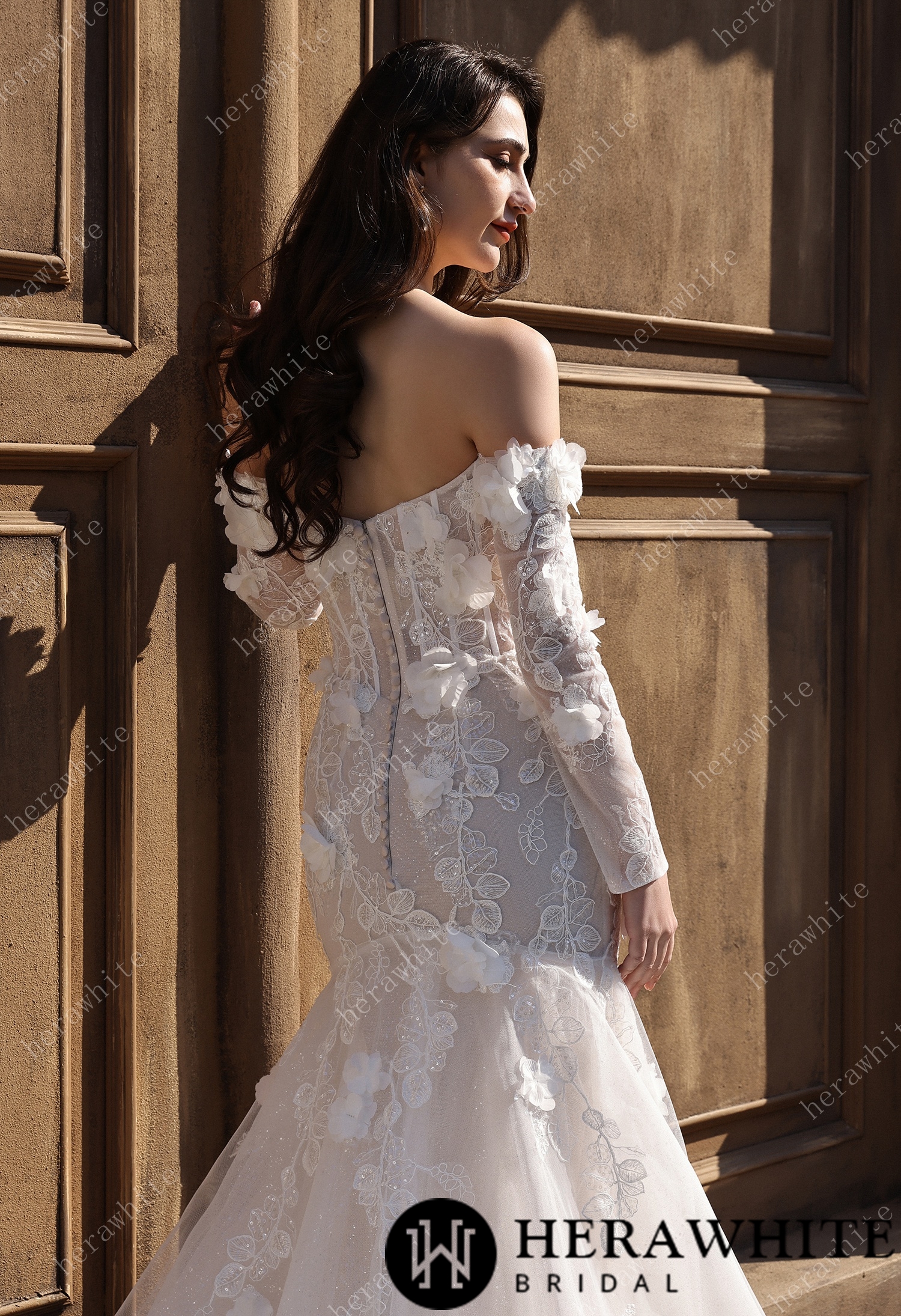 Off-the-Shoulder  3D Flower Lace Fit And Flare Wedding Dress