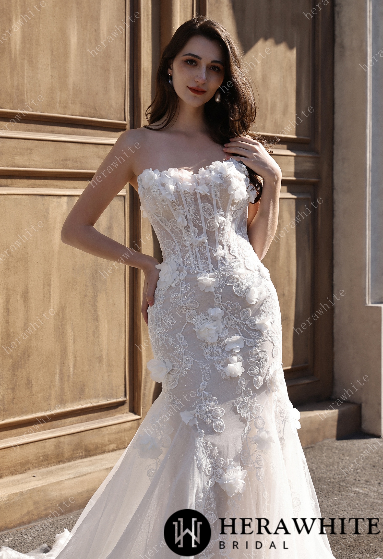 Off-the-Shoulder  3D Flower Lace Fit And Flare Wedding Dress