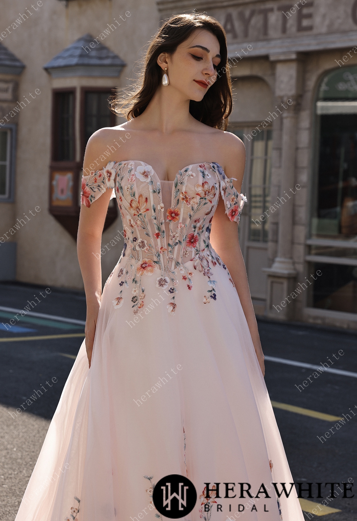 Colorful Lace Wedding Dress With Off-Shoulder Sleeves– Blush Pink Elegant Bridal Gown