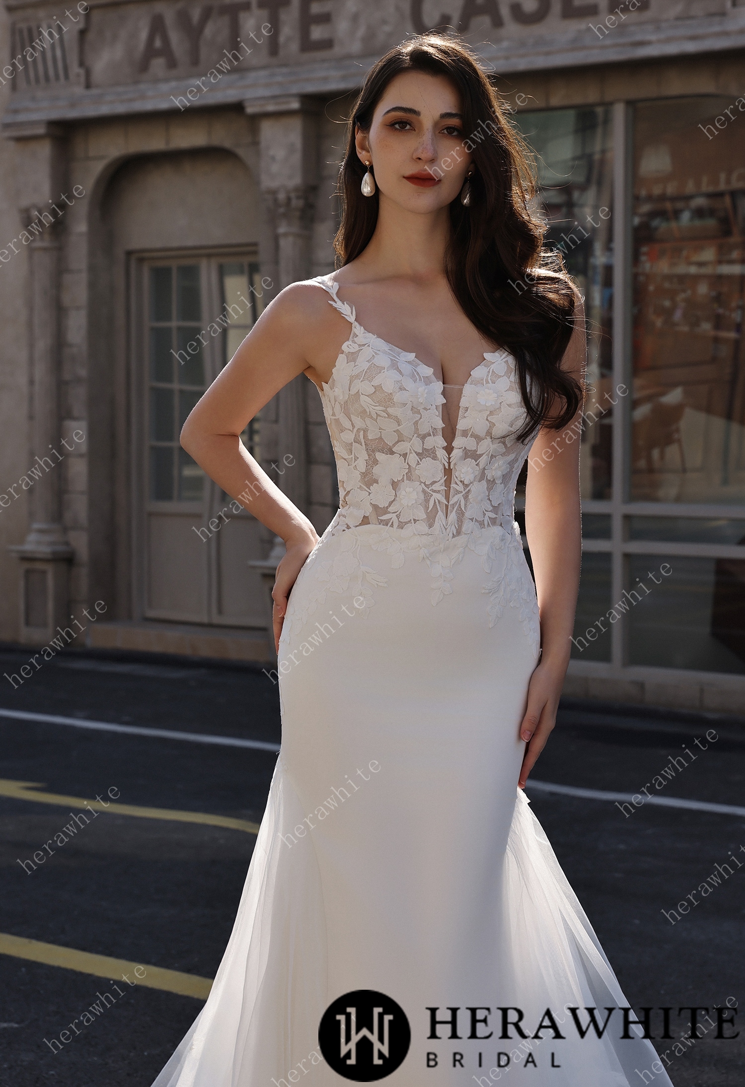 Embellished Mermaid Plunging Neckline Wedding Gown with Scallop Train