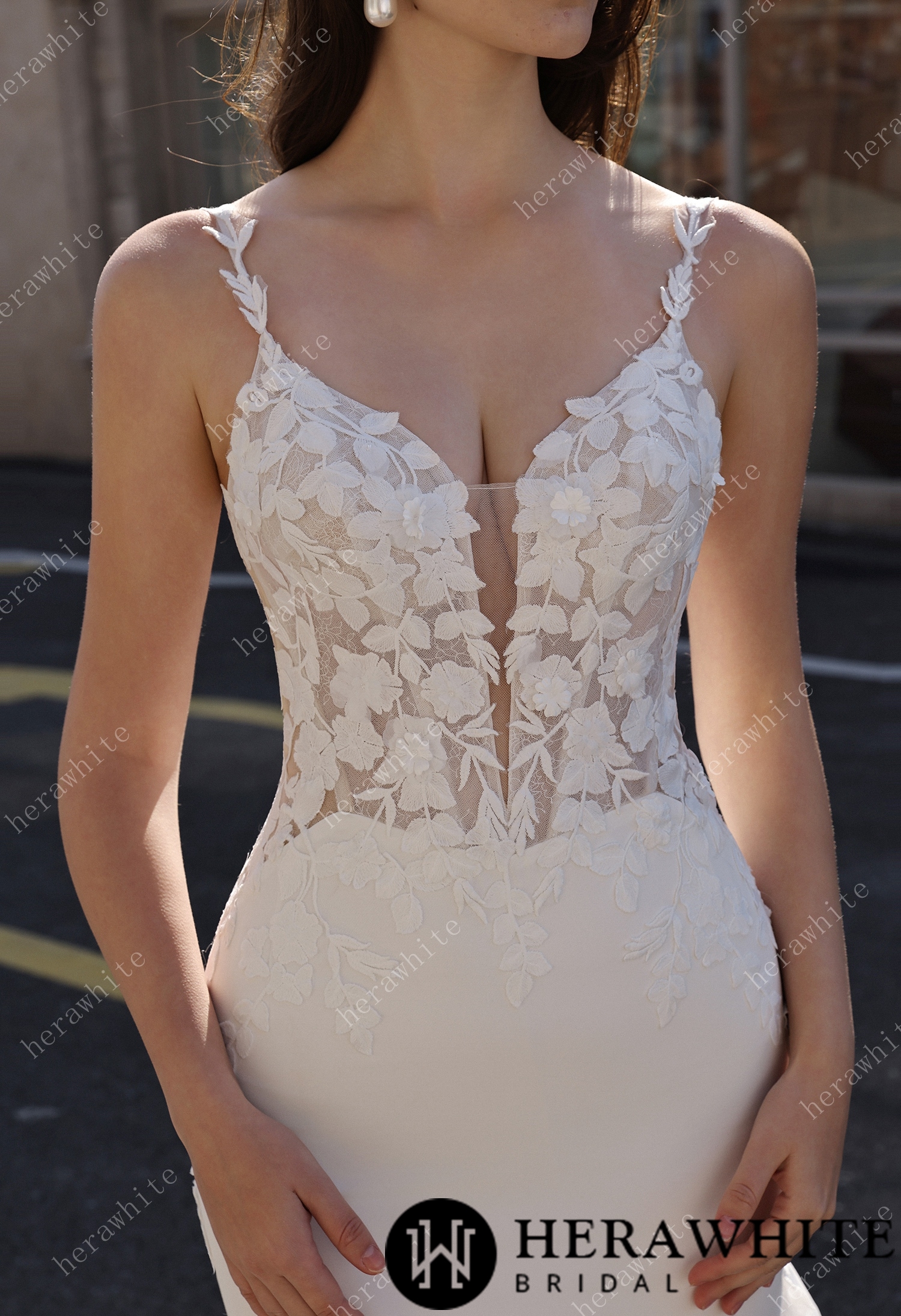 Embellished Mermaid Plunging Neckline Wedding Gown with Scallop Train