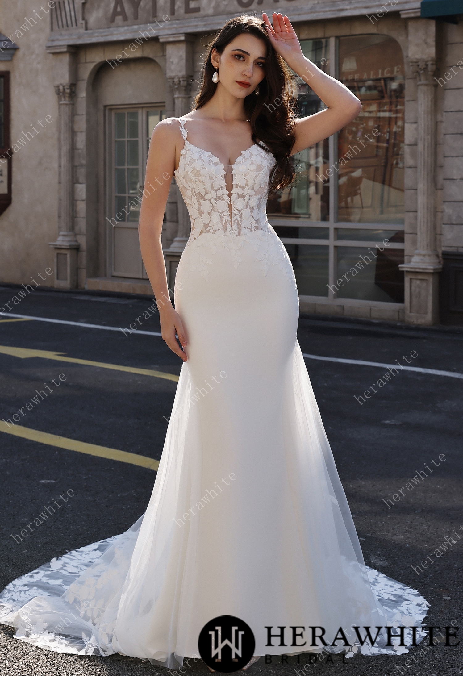 Embellished Mermaid Plunging Neckline Wedding Gown with Scallop Train