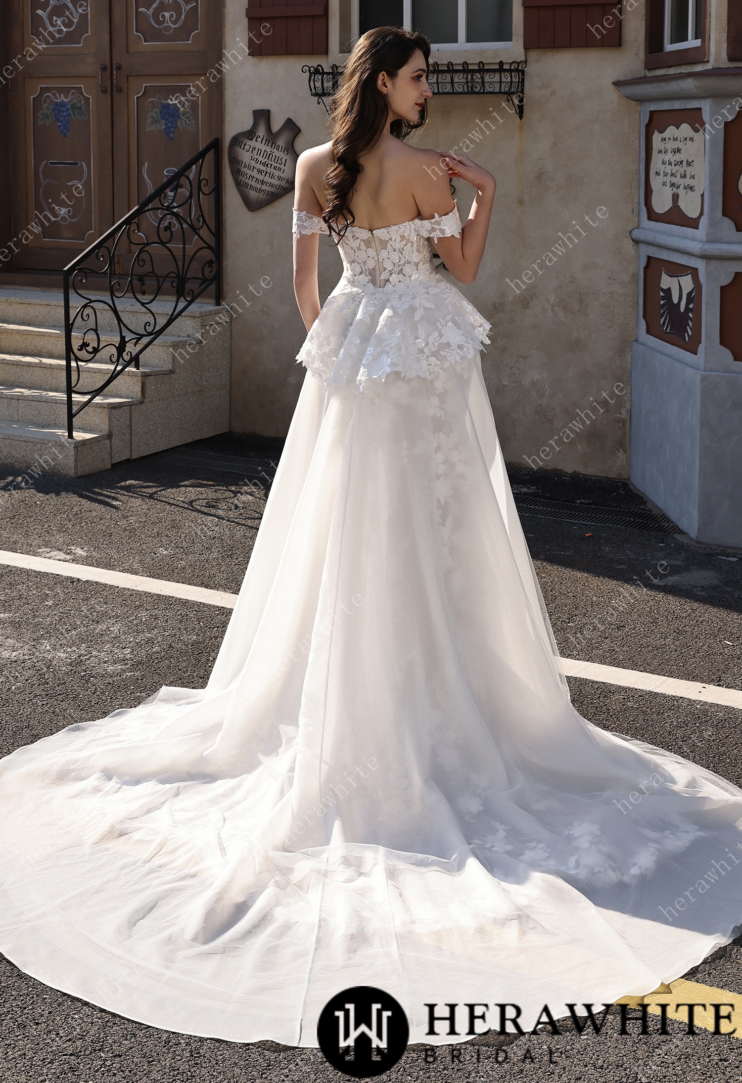 Couture Off-the-Shoulder Floral Lace Mermaid Gown With Detachable Overskirt