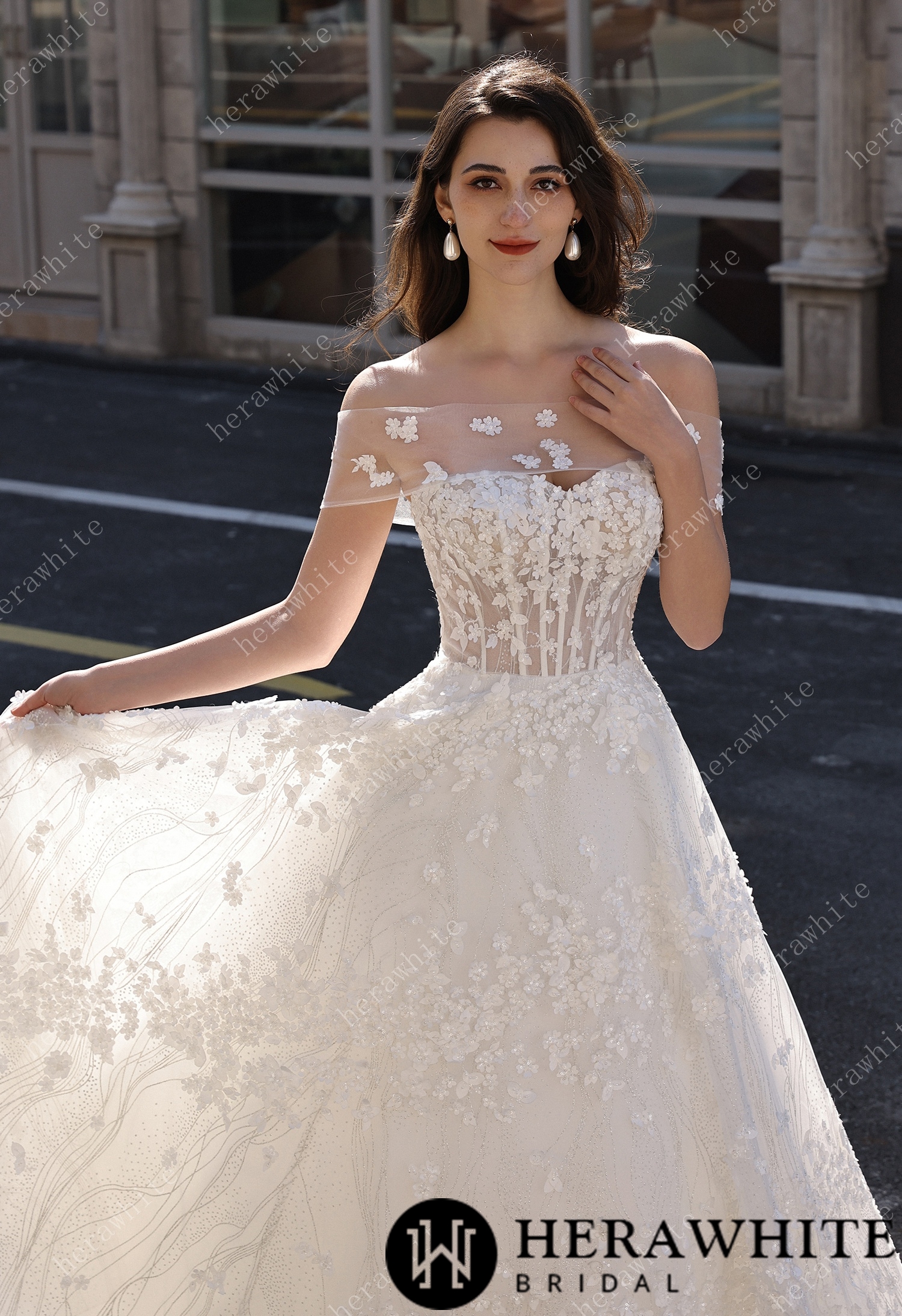 Off-the-Shoulder Sheer Floral Lace With Glitter A-Line Romantic Wedding Dress