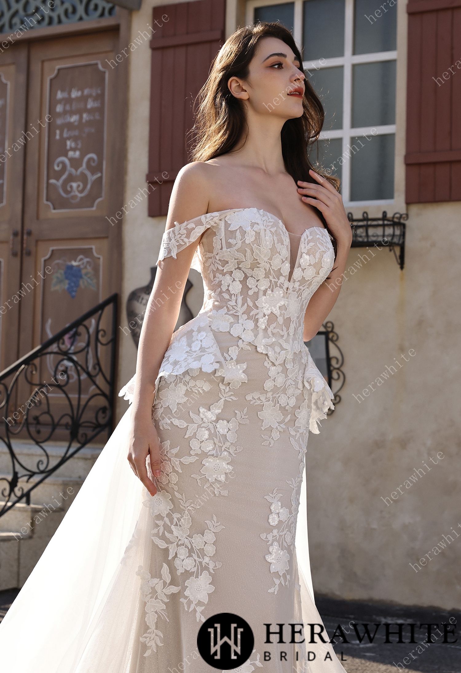 Couture Off-the-Shoulder Floral Lace Mermaid Gown With Detachable Overskirt
