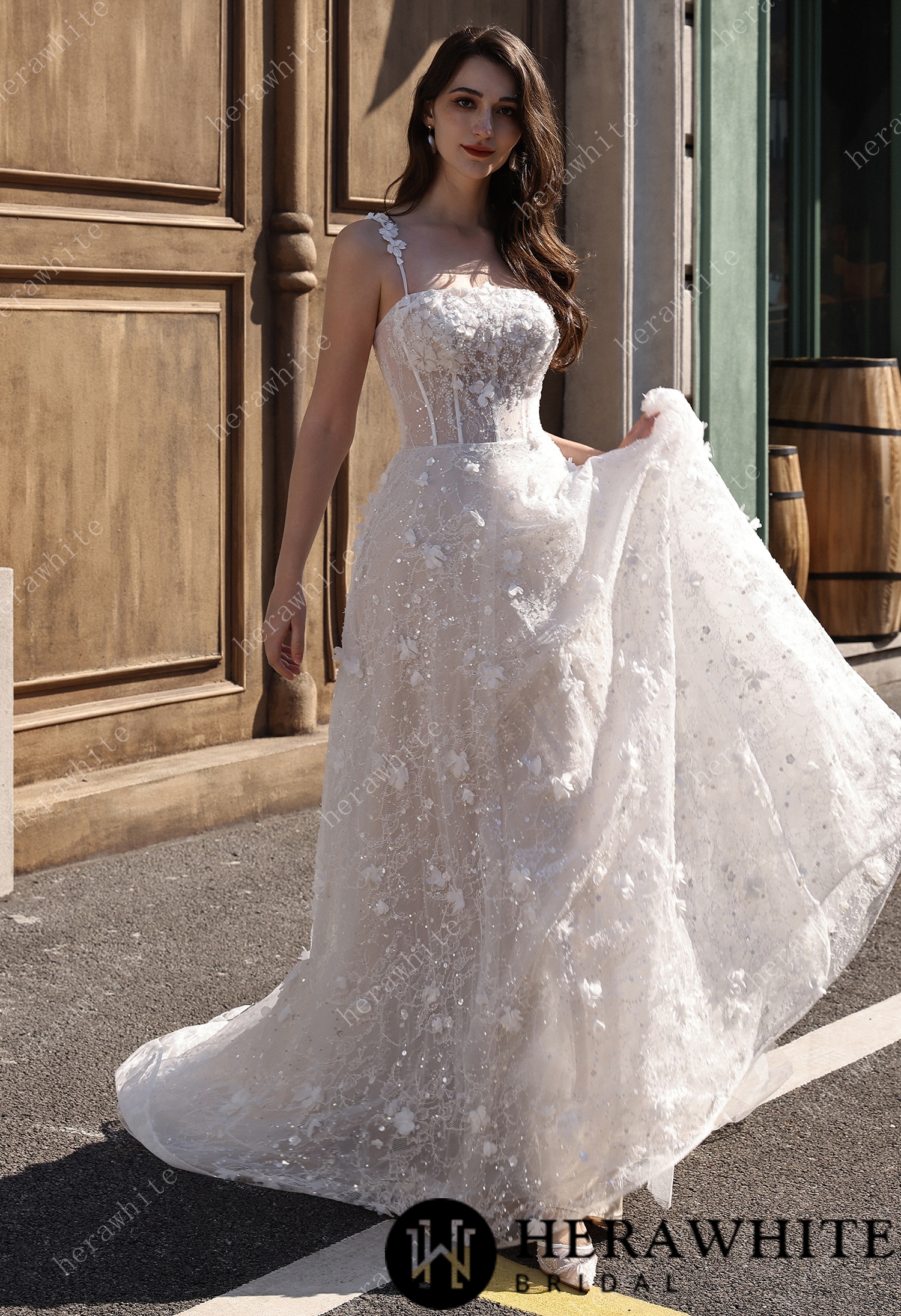 3D Floral Sparkle Lace  Wedding Dress With Straight Across Neckline