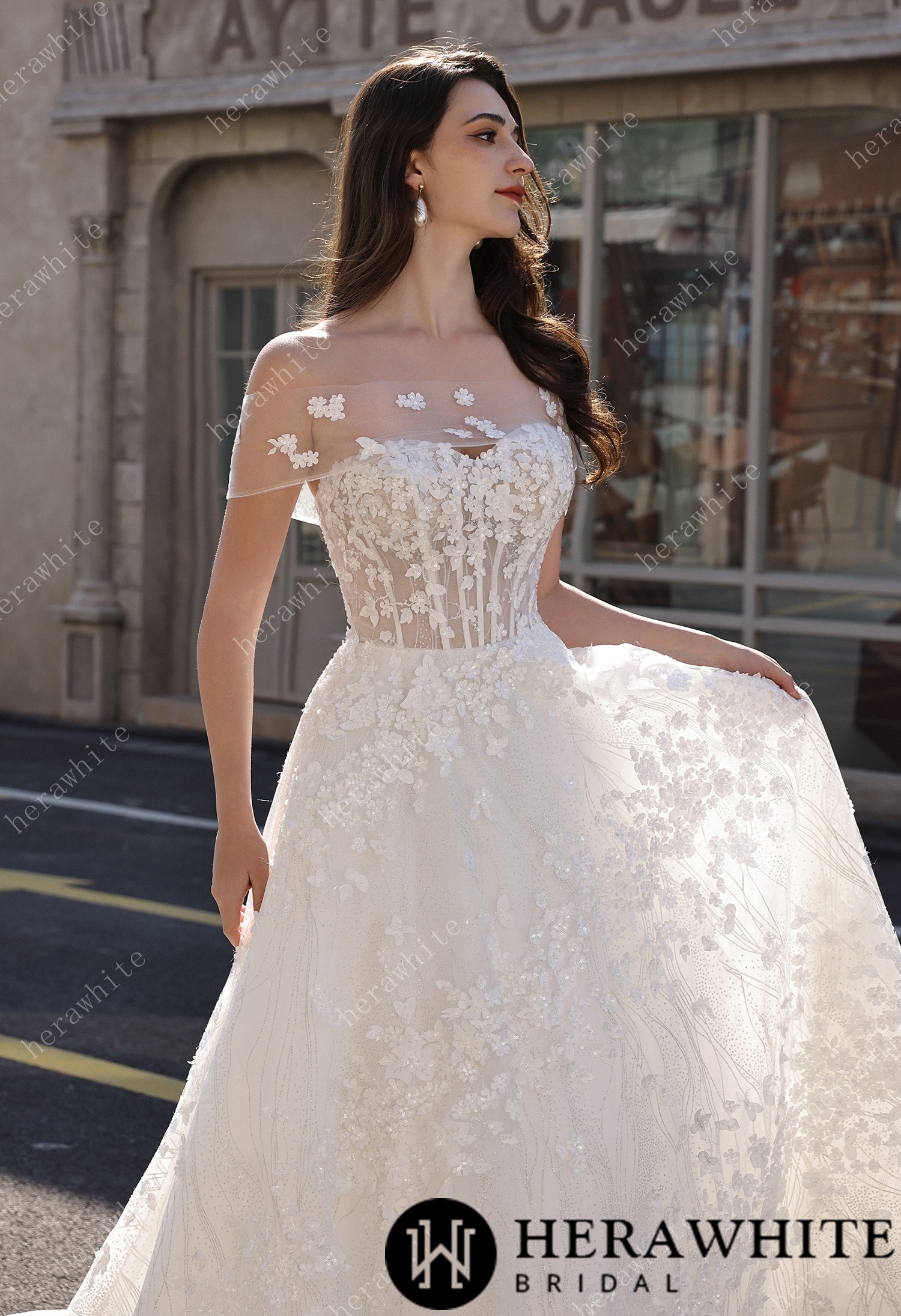 Off-the-Shoulder Sheer Floral Lace With Glitter A-Line Romantic Wedding Dress