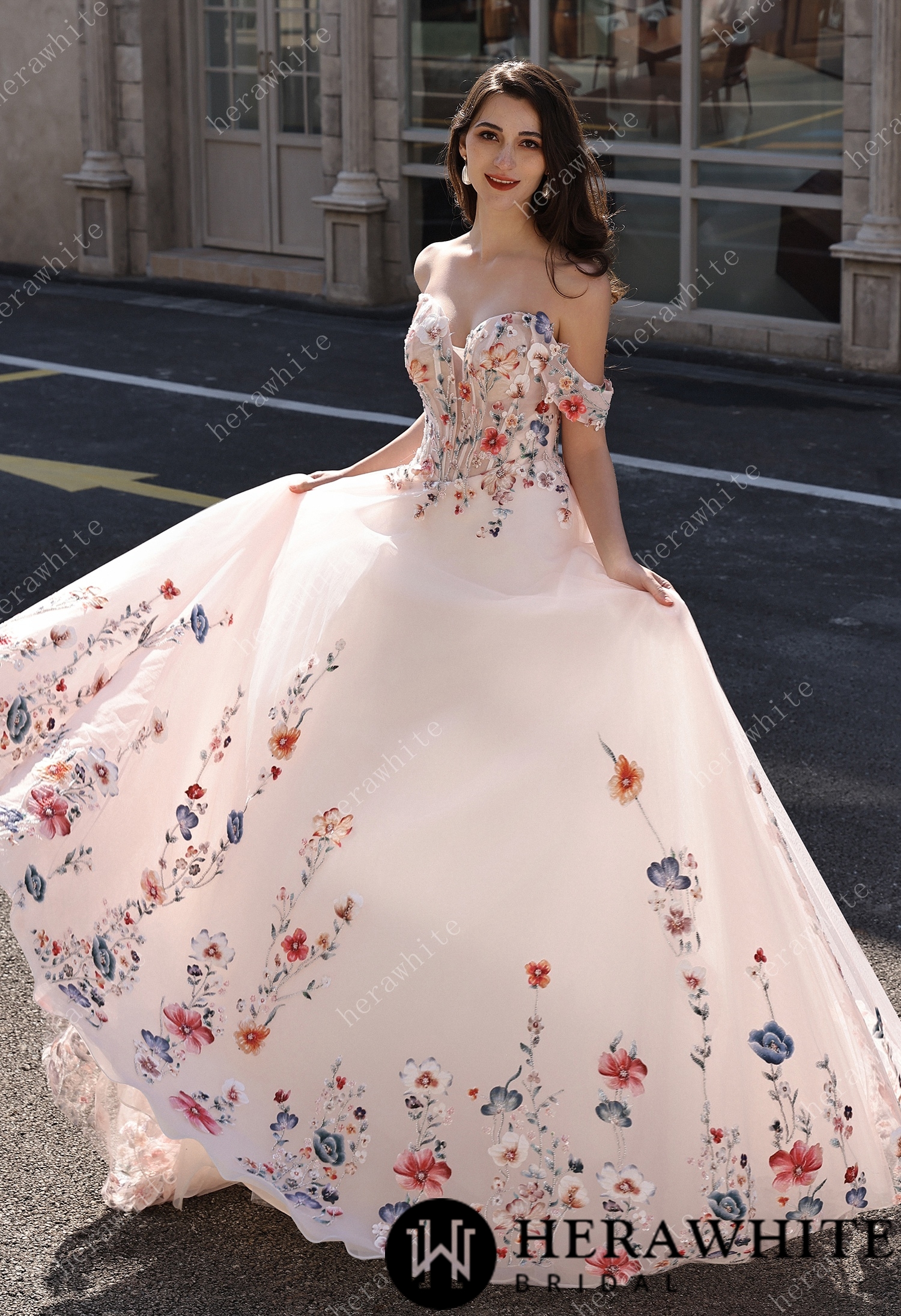 Colorful Lace Wedding Dress With Off-Shoulder Sleeves– Blush Pink Elegant Bridal Gown